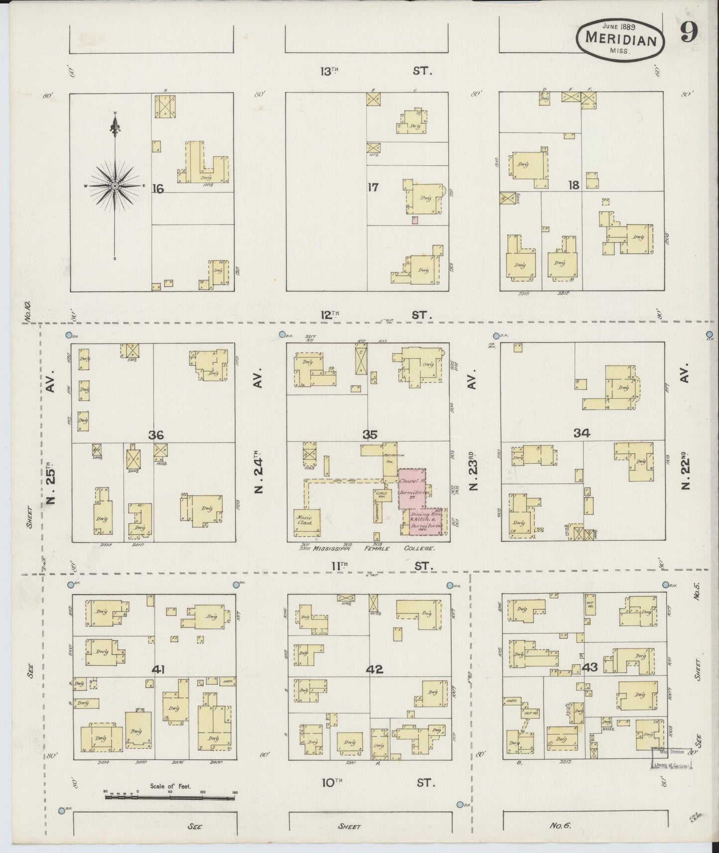 Sanborn Fire Insurance Map from Meridian, Lauderdale County, Mississippi (1889), Sheet #0009 - Complete Map Set gallery image, historic Sanborn map, vintage wall art, Mississippi Mississippi