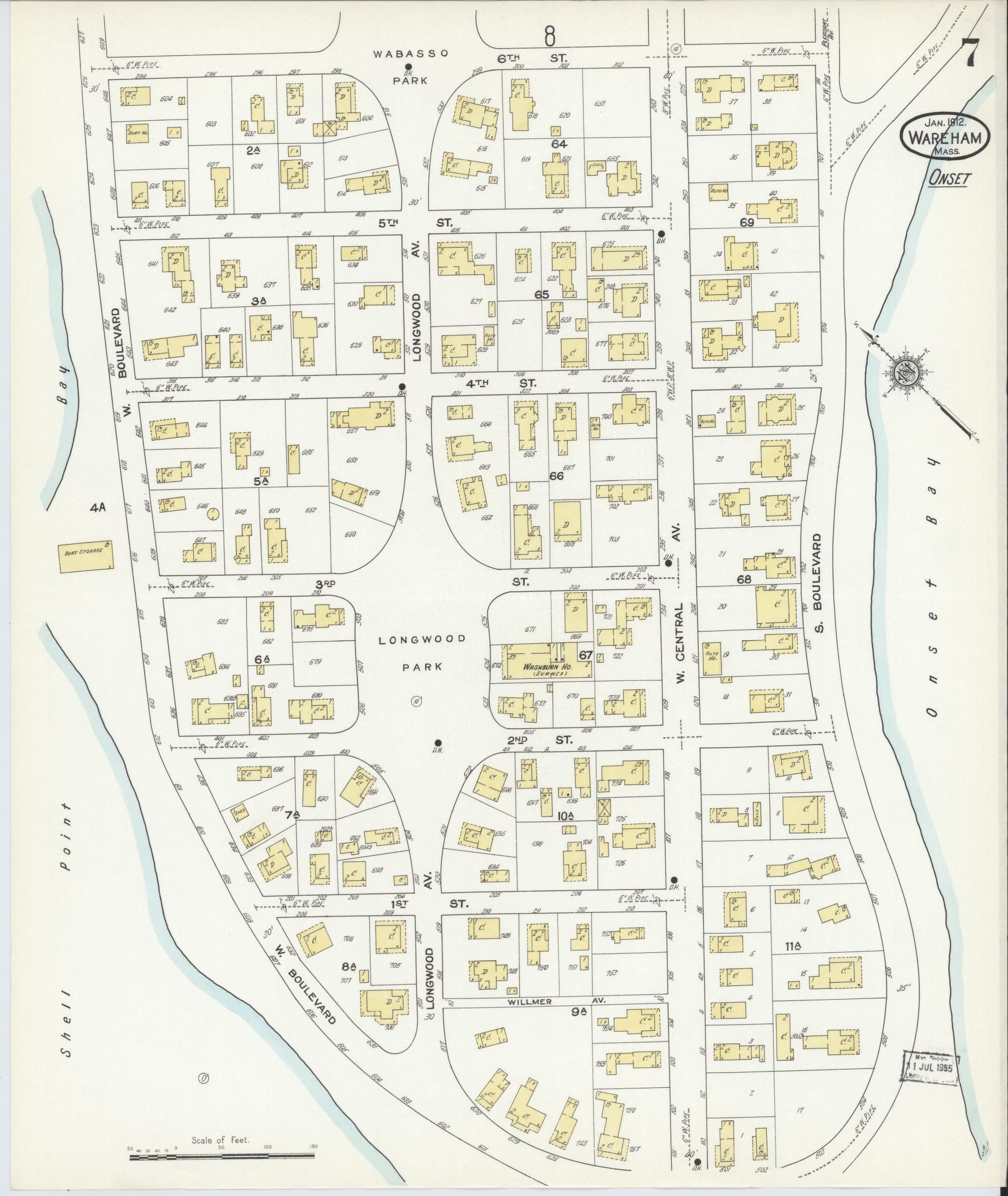 Sanborn Fire Insurance Map from Wareham, Plymouth County, Massachusetts (1912), Sheet #0007 - Historic Sanborn Fire Insurance Map Print, vintage old map wall art, antique decor, genealogy gift, Massachusetts Massachusetts map