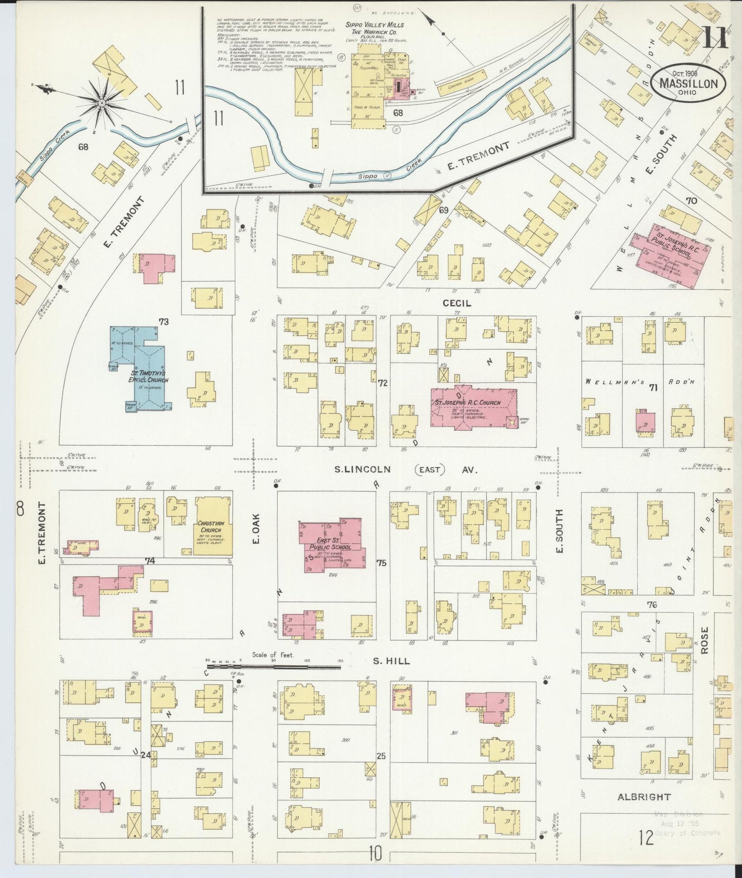 Sanborn Fire Insurance Map from Massillon, Stark County, Ohio (1908), Sheet #0011 - Historic Sanborn Fire Insurance Map Print, vintage old map wall art, antique decor, genealogy gift, Ohio Ohio map