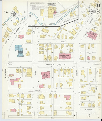 Sanborn Fire Insurance Map from Massillon, Stark County, Ohio (1908), Sheet #0011 - Historic Sanborn Fire Insurance Map Print, vintage old map wall art, antique decor, genealogy gift, Ohio Ohio map