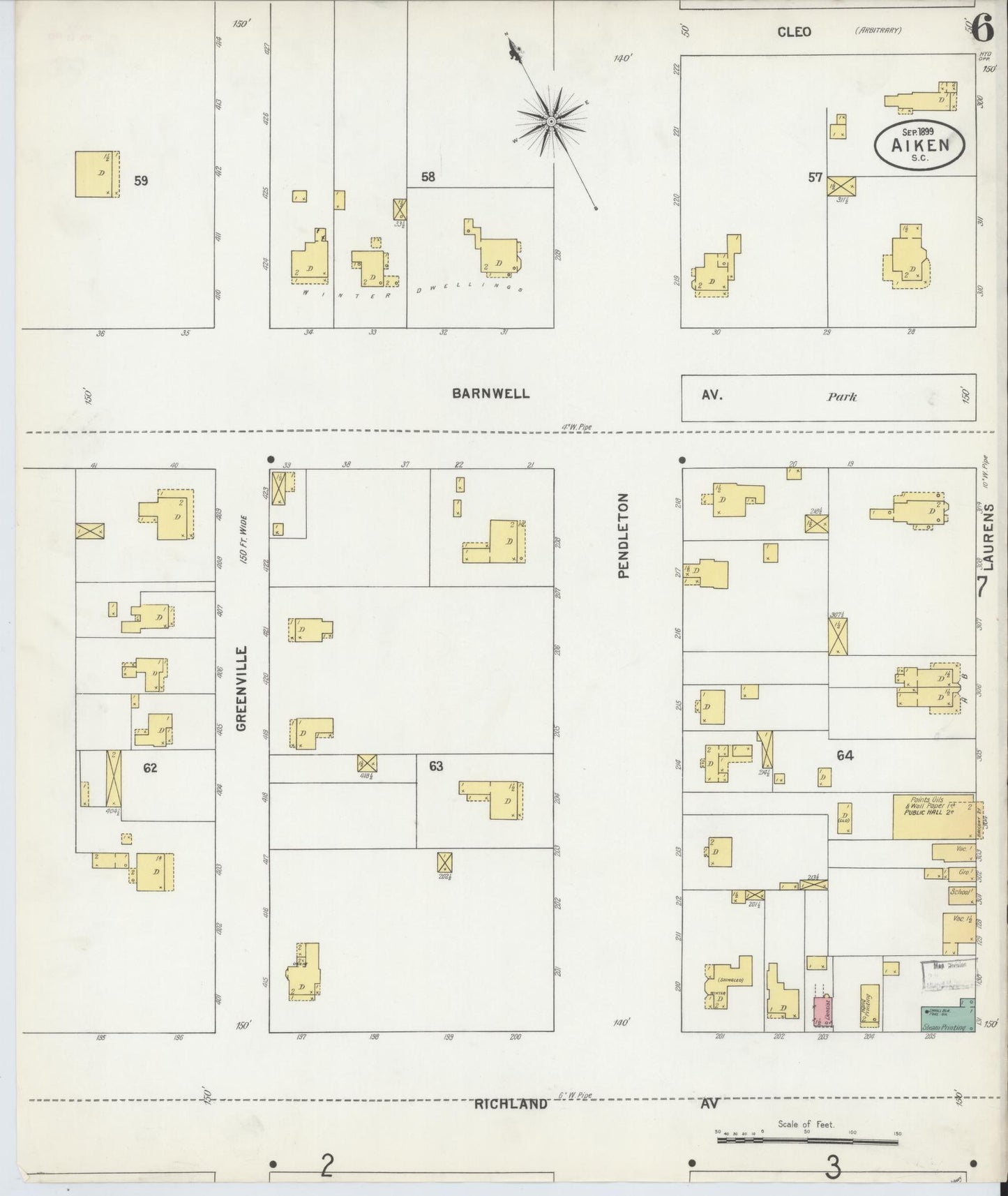 Sanborn Fire Insurance Map from Aiken, Aiken County, South Carolina (1899), Sheet #0006 - Historic Sanborn Fire Insurance Map Print, vintage old map wall art, antique decor, genealogy gift, South Carolina South Carolina map