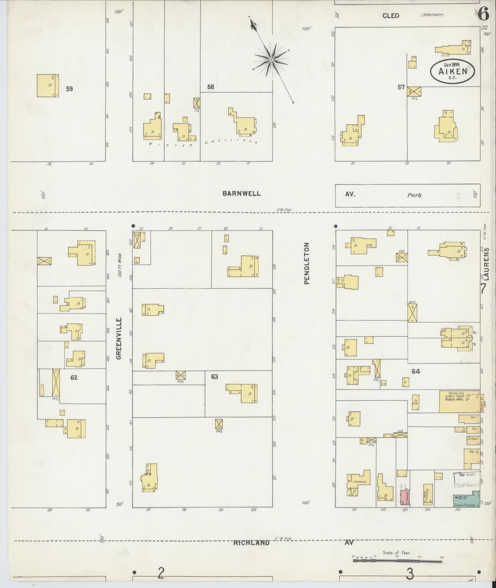 Sanborn Fire Insurance Map from Aiken, Aiken County, South Carolina (1899), Sheet #0006 - Historic Sanborn Fire Insurance Map Print, vintage old map wall art, antique decor, genealogy gift, South Carolina South Carolina map