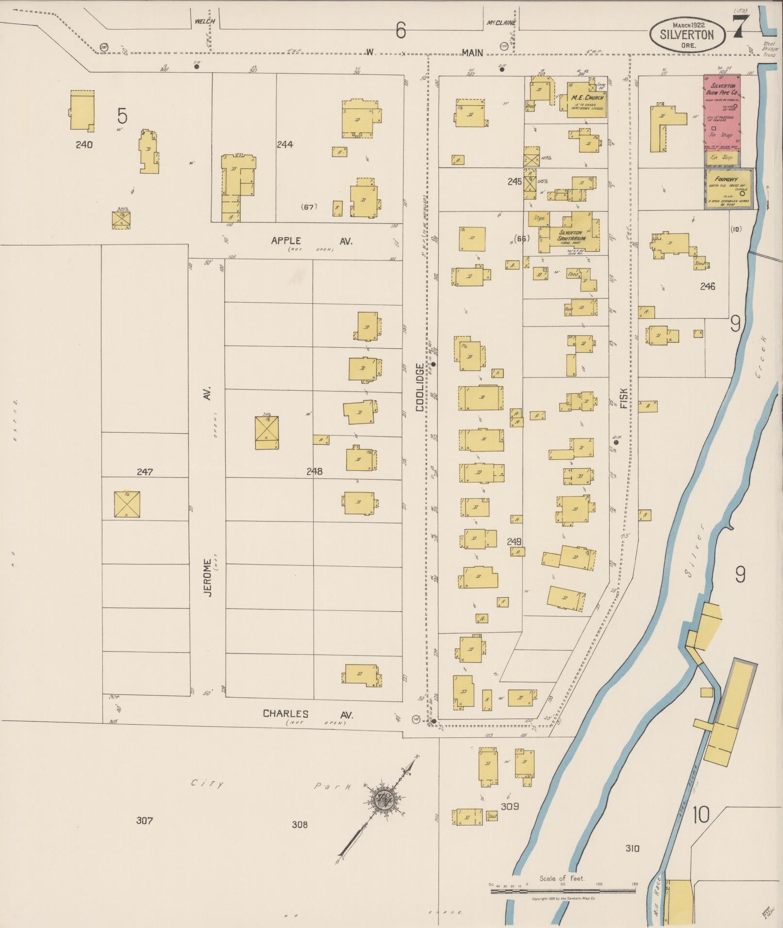 Sanborn Fire Insurance Map from Silverton, Marion County, Oregon (1922), Sheet #0007 - Complete Map Set gallery image, historic Sanborn map, vintage wall art, Oregon Oregon