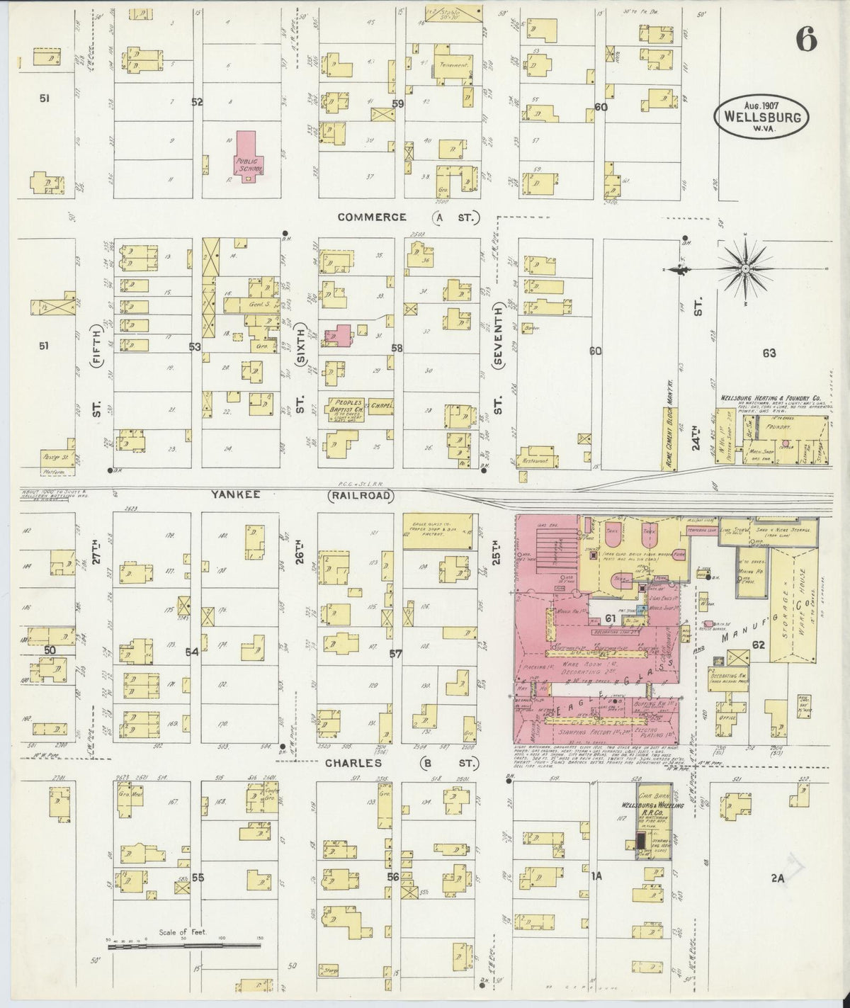 Sanborn Fire Insurance Map from Wellsburg, Brooke County, West Virginia (1907), Sheet #0006 - Historic Sanborn Fire Insurance Map Print, vintage old map wall art, antique decor, genealogy gift, West Virginia West Virginia map