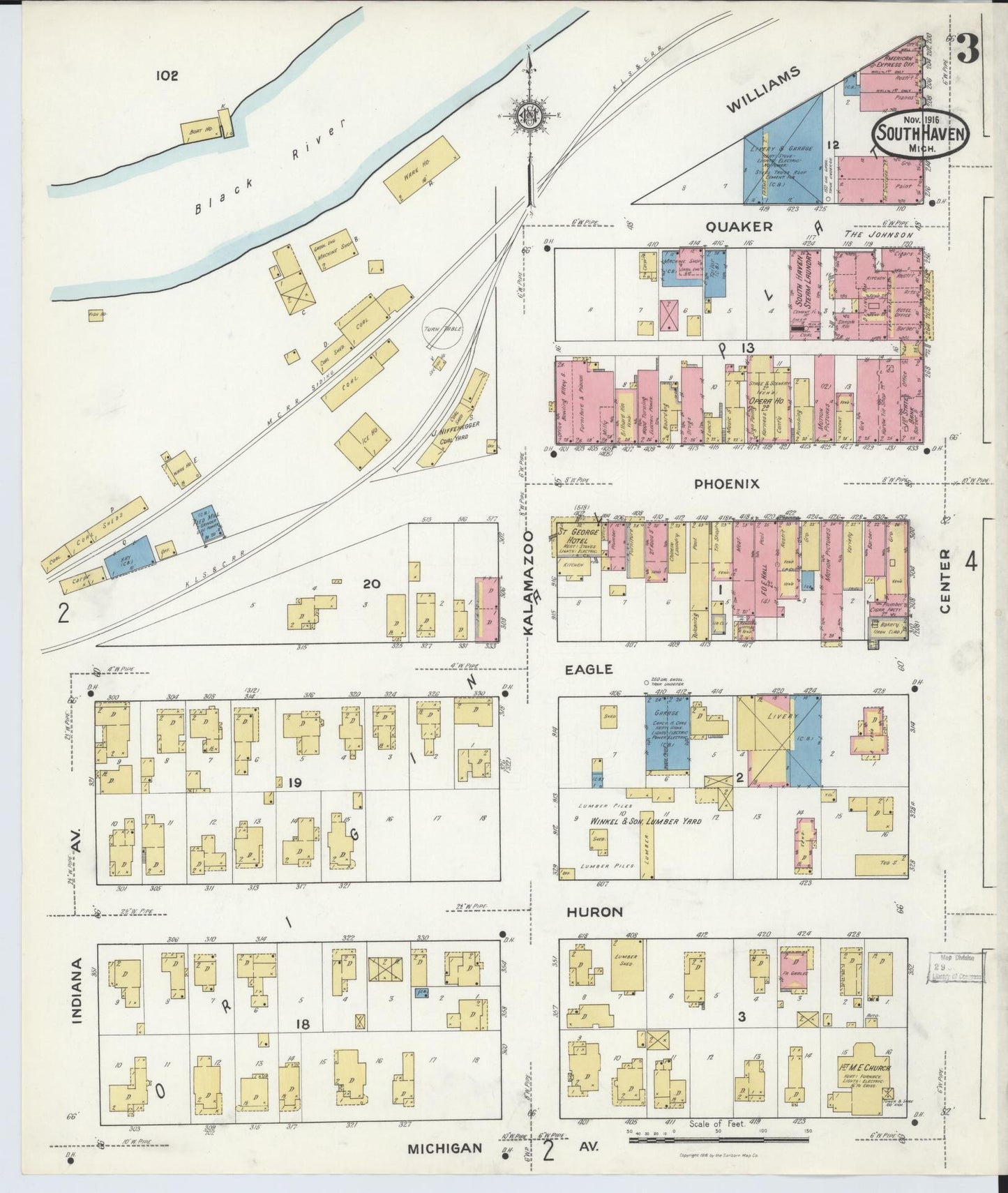 Sanborn Fire Insurance Map from South Haven, Van Buren County, Michigan (1916), Sheet #0003 - Complete Map Set gallery image, historic Sanborn map, vintage wall art, Michigan Michigan