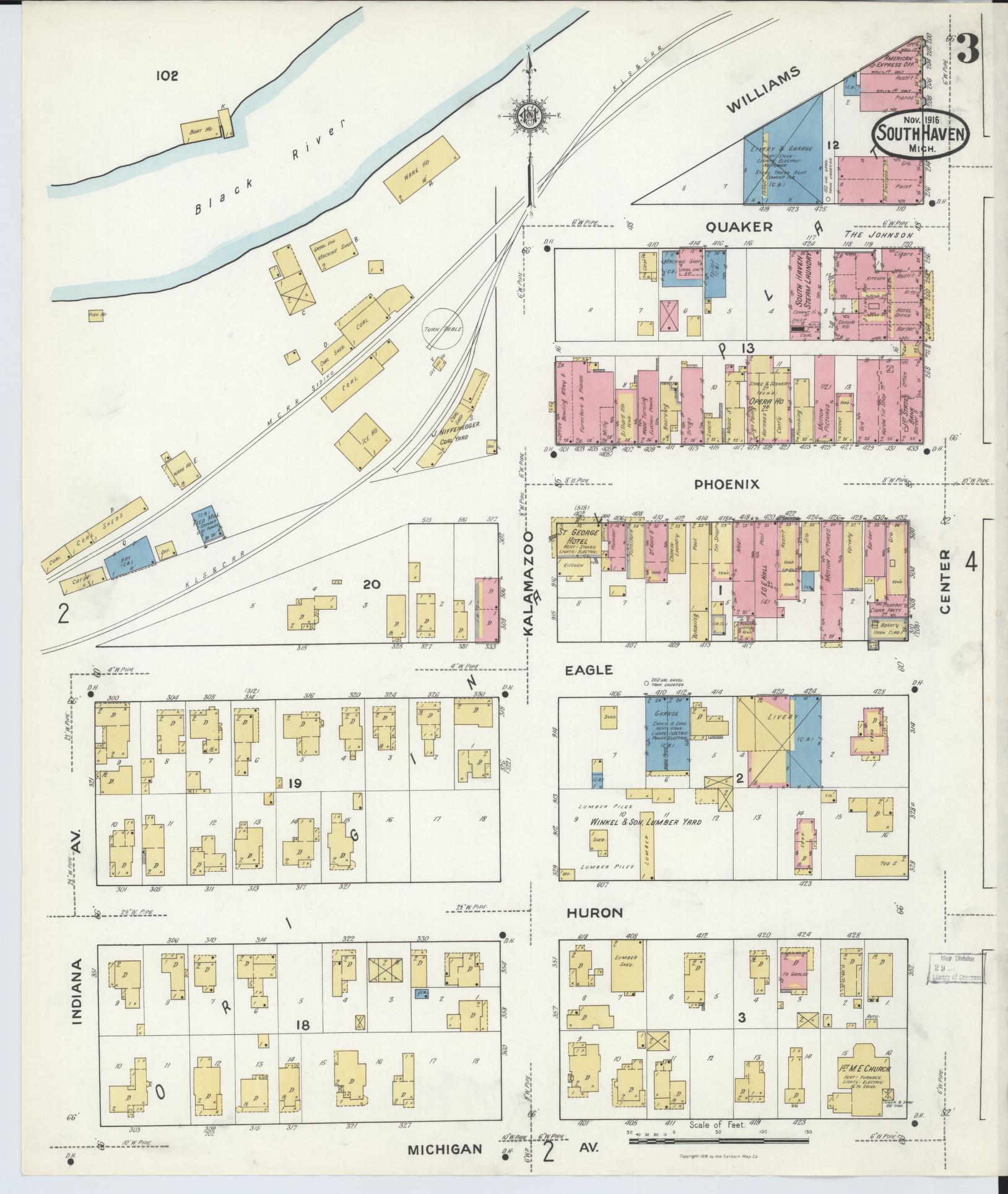Sanborn Fire Insurance Map from South Haven, Van Buren County, Michigan (1916), Sheet #0003 - Complete Map Set gallery image, historic Sanborn map, vintage wall art, Michigan Michigan