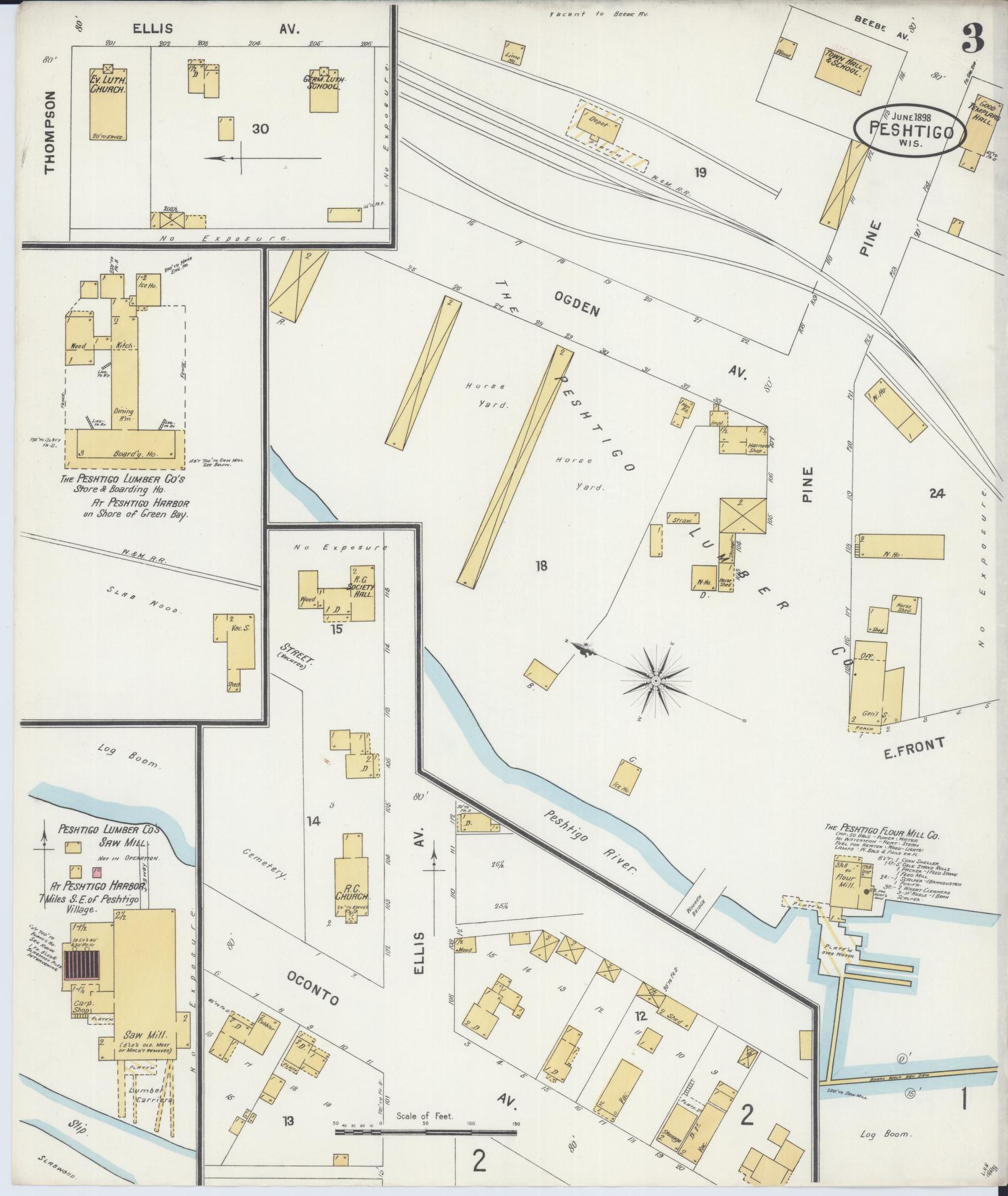 Sanborn Fire Insurance Map from Peshtigo, Marinette County, Wisconsin (1898), Sheet #0003 - Historic Sanborn Fire Insurance Map Print, vintage old map wall art, antique decor, genealogy gift, Wisconsin Wisconsin map