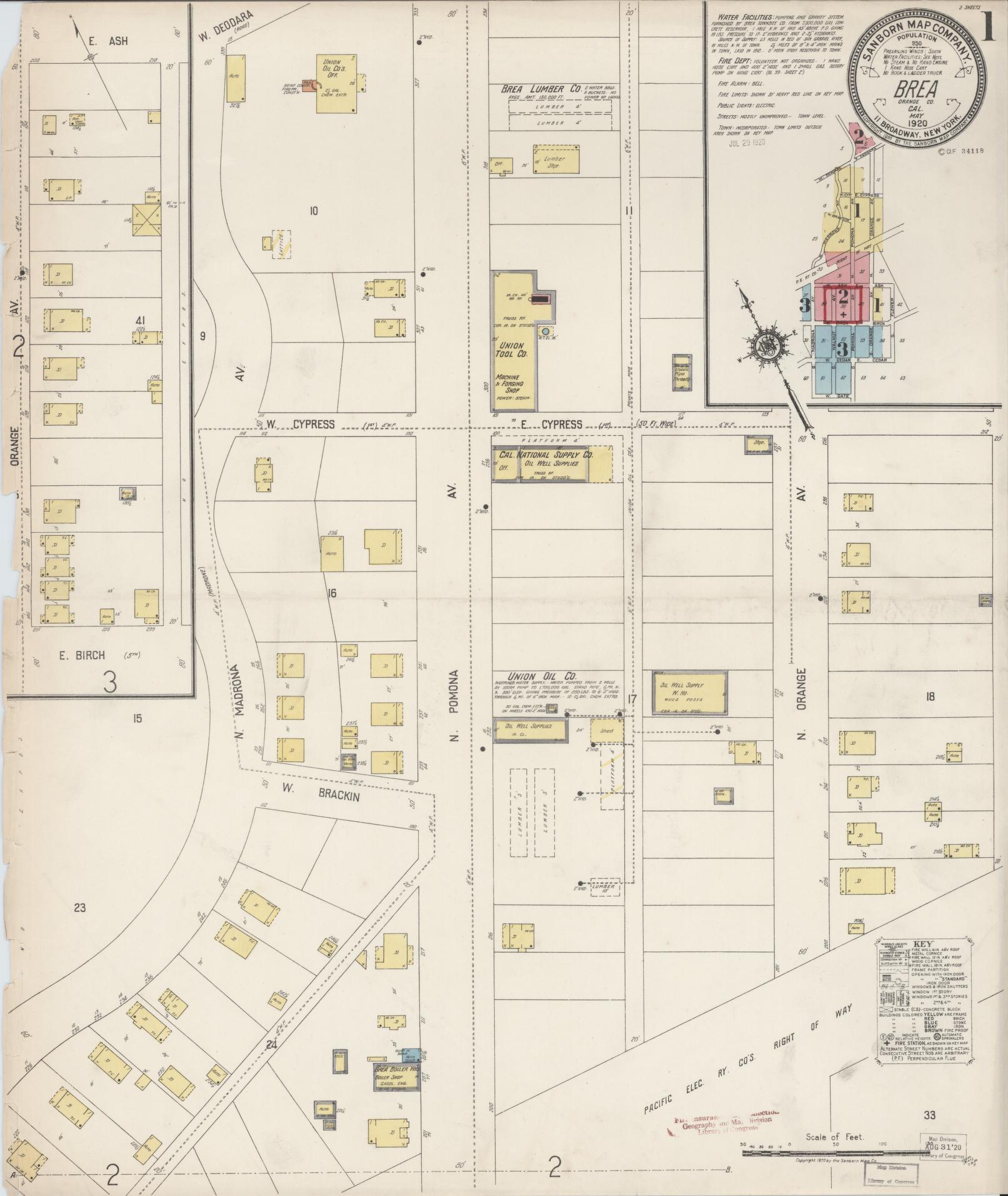 Sanborn Fire Insurance Map from Brea, Orange County, California (1920), Sheet #0001 - Complete Map Set gallery image, historic Sanborn map, vintage wall art, California California