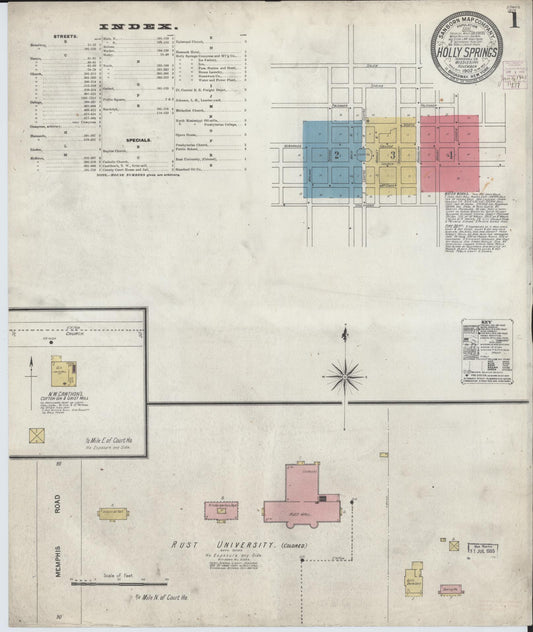 Sanborn Fire Insurance Map from Holly Springs, Marshall County, Mississippi (1902), Sheet #0001 - Historic Sanborn Fire Insurance Map Print, vintage old map wall art, antique decor, genealogy gift, Mississippi Mississippi map
