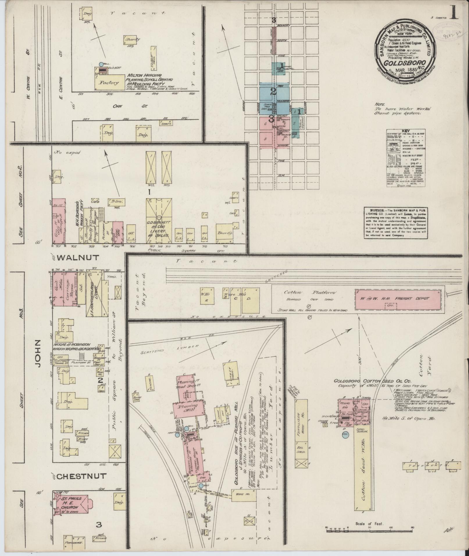 Sanborn Fire Insurance Map from Goldsboro, Wayne County, North Carolina (1885), Sheet #0001 - Complete Map Set gallery image, historic Sanborn map, vintage wall art, North Carolina North Carolina