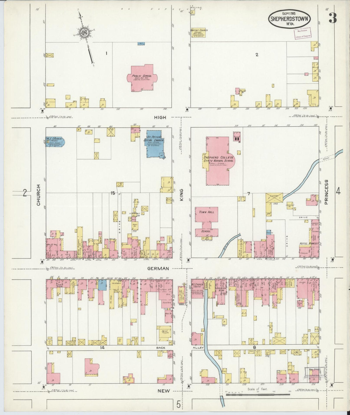 Sanborn Fire Insurance Map from Shepherdstown, Jefferson County, West Virginia (1915), Sheet #0003 - Complete Map Set gallery image, historic Sanborn map, vintage wall art, West Virginia West Virginia