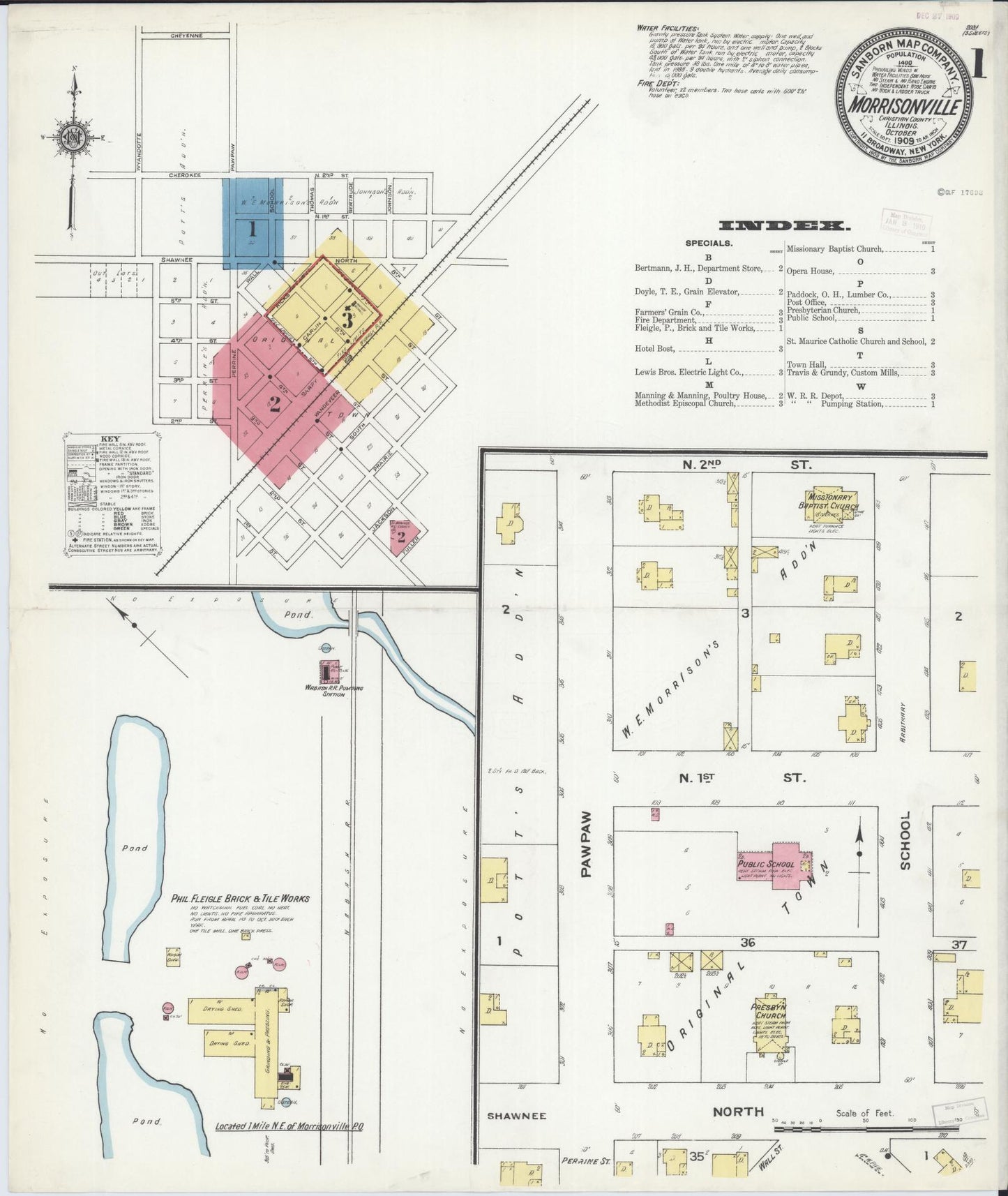 Sanborn Fire Insurance Map from Morrisonville, Christian County, Illinois (1909), Sheet #0001 - Historic Sanborn Fire Insurance Map Print, vintage old map wall art, antique decor, genealogy gift, Illinois Illinois map