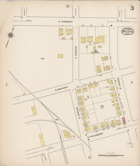 Sanborn Fire Insurance Map from Wilson, Wilson County, North Carolina (1922), Sheet #0003 - Historic Sanborn Fire Insurance Map Print, vintage old map wall art, antique decor, genealogy gift, North Carolina North Carolina map