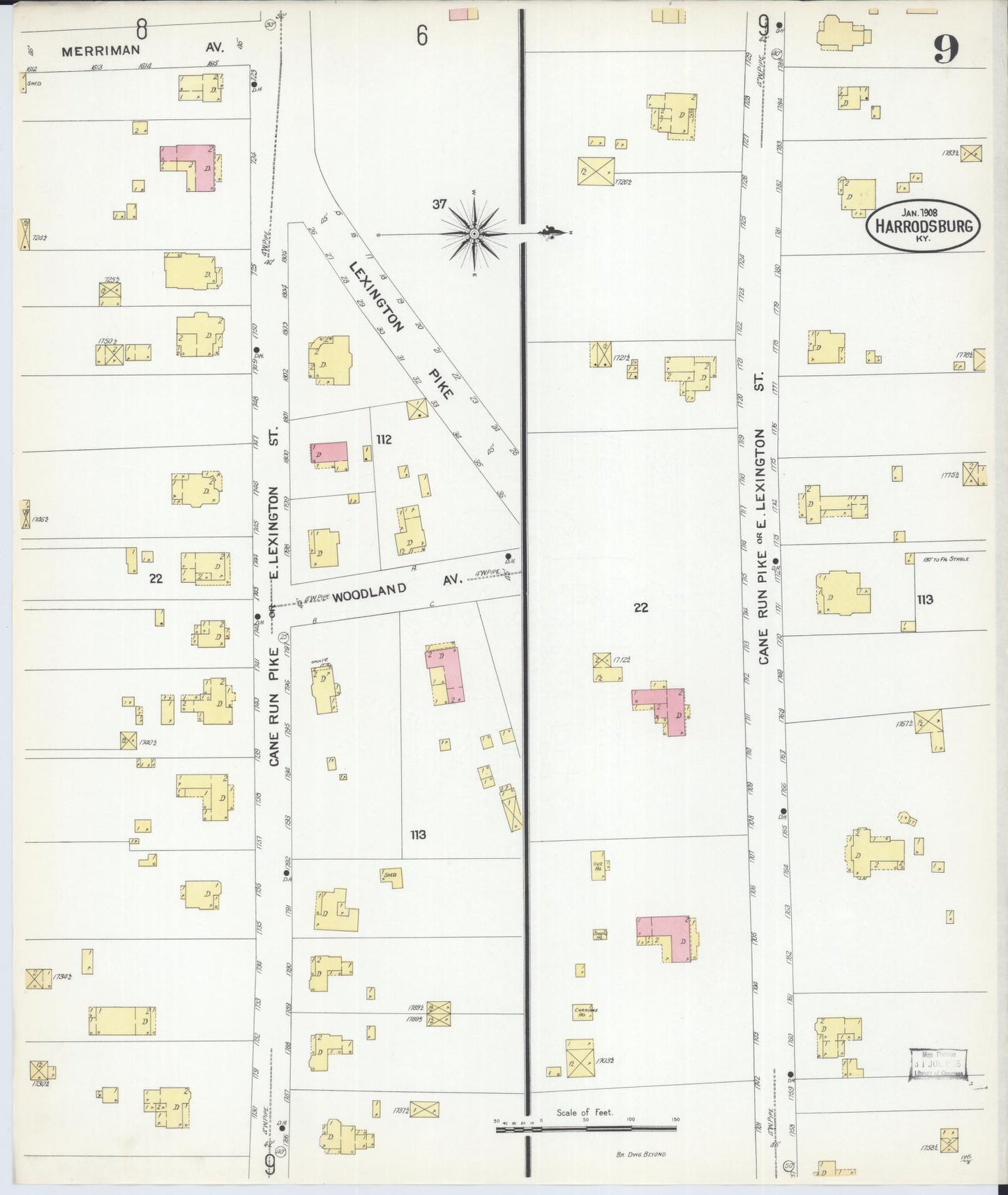 Sanborn Fire Insurance Map from Harrodsburg, Mercer County, Kentucky (1908), Sheet #0009 - Complete Map Set gallery image, historic Sanborn map, vintage wall art, Kentucky Kentucky