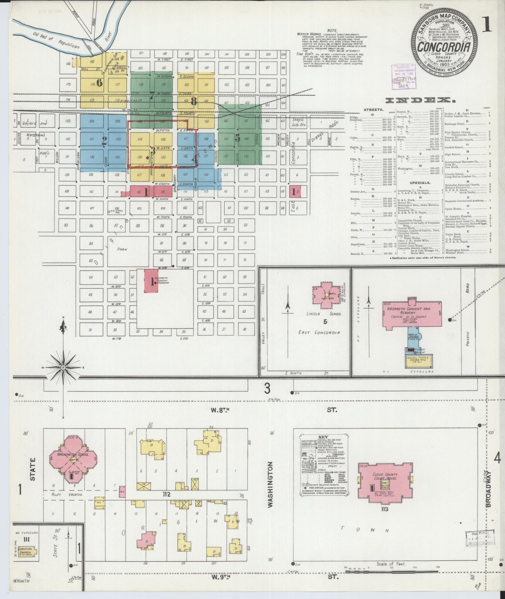 Sanborn Fire Insurance Map from Concordia, Cloud County, Kansas (1905), Sheet #0001 - Complete Map Set gallery image, historic Sanborn map, vintage wall art, Kansas Kansas
