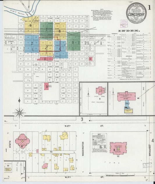 Sanborn Fire Insurance Map from Concordia, Cloud County, Kansas (1905), Sheet #0001 - Complete Map Set gallery image, historic Sanborn map, vintage wall art, Kansas Kansas