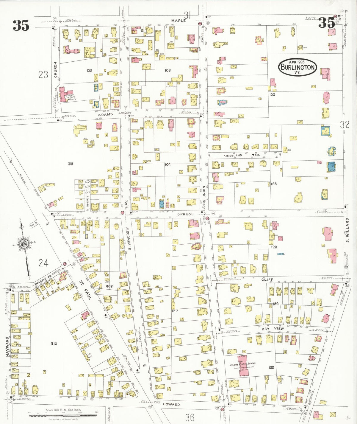 Sanborn Fire Insurance Map from Burlington, Chittenden County, Vermont (1926), Sheet #0035 - Historic Sanborn Fire Insurance Map Print, vintage old map wall art, antique decor, genealogy gift, Vermont Vermont map