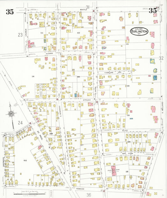 Sanborn Fire Insurance Map from Burlington, Chittenden County, Vermont (1926), Sheet #0035 - Historic Sanborn Fire Insurance Map Print, vintage old map wall art, antique decor, genealogy gift, Vermont Vermont map