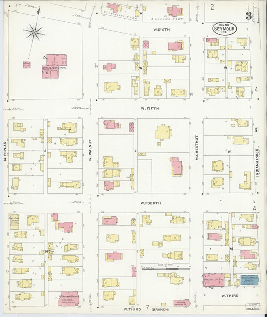Sanborn Fire Insurance Map from Seymour, Jackson County, Indiana (1907), Sheet #0003 - Historic Sanborn Fire Insurance Map Print, vintage old map wall art, antique decor, genealogy gift, Indiana Indiana map