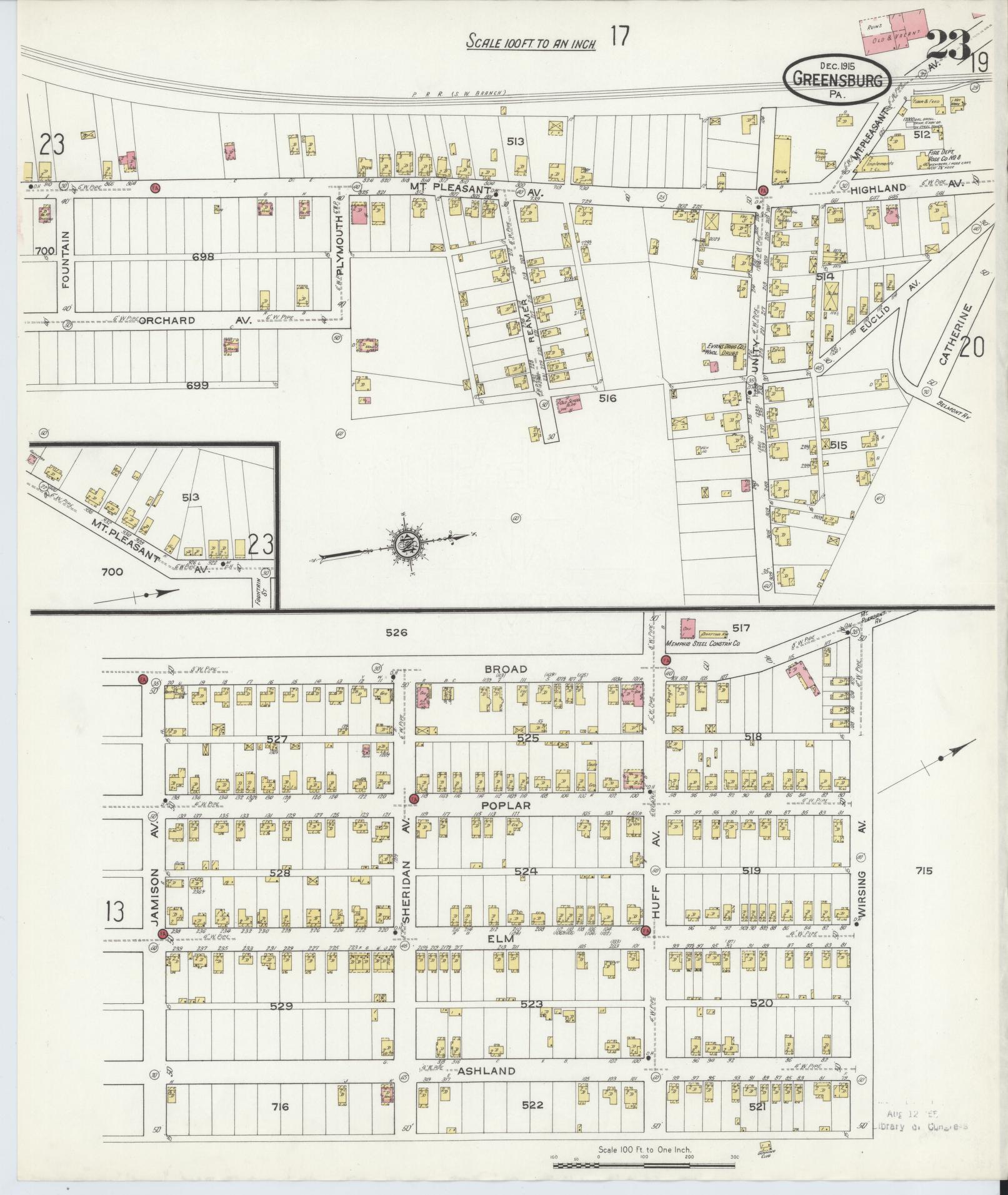 Sanborn Fire Insurance Map from Greensburg, Westmoreland County, Pennsylvania (1915), Sheet #0023 - Historic Sanborn Fire Insurance Map Print, vintage old map wall art, antique decor, genealogy gift, Pennsylvania Pennsylvania map