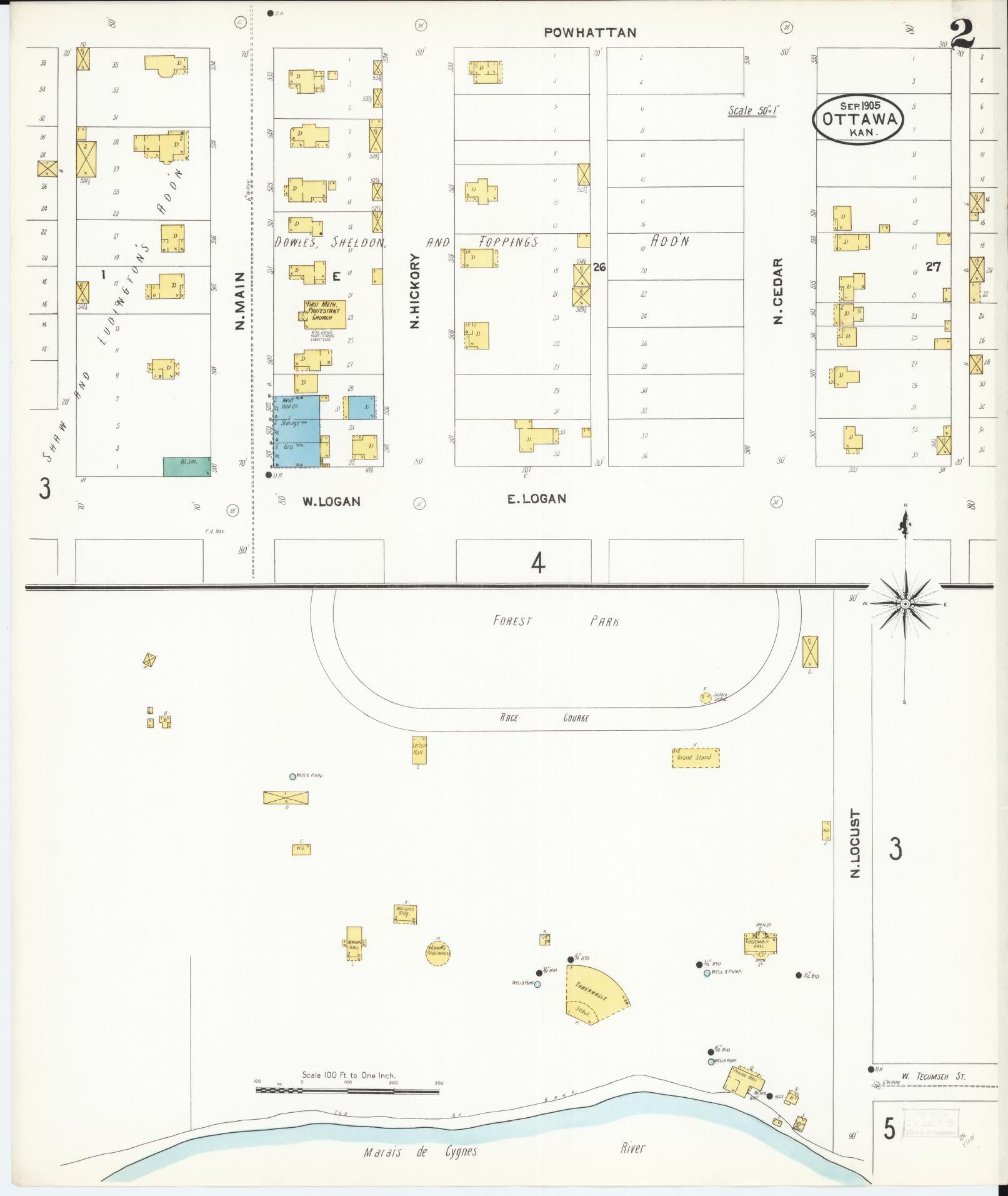 Sanborn Fire Insurance Map from Ottawa, Franklin County, Kansas (1905), Sheet #0002 - Complete Map Set gallery image, historic Sanborn map, vintage wall art, Kansas Kansas