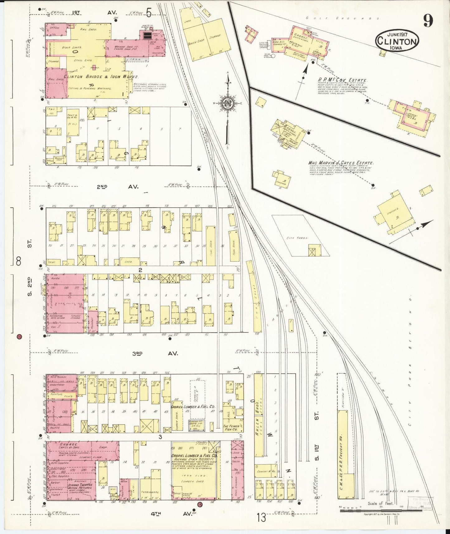 Sanborn Fire Insurance Map from Clinton, Clinton County, Iowa (1917), Sheet #0009 - Historic Sanborn Fire Insurance Map Print, vintage old map wall art