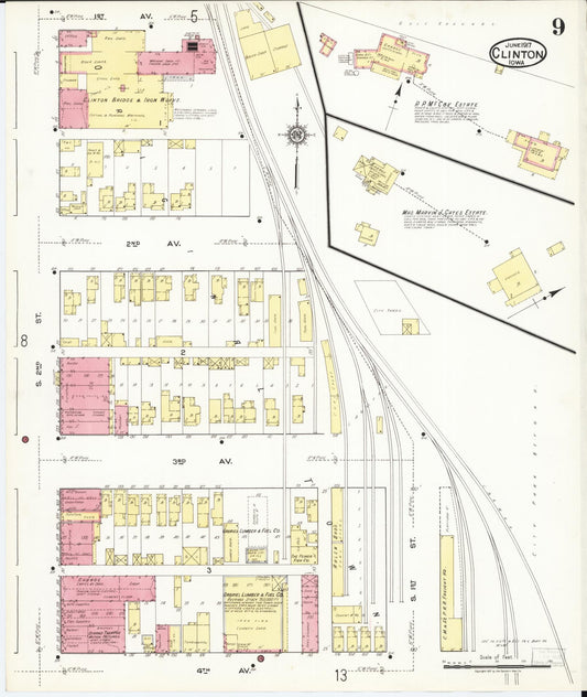 Sanborn Fire Insurance Map from Clinton, Clinton County, Iowa (1917), Sheet #0009 - Historic Sanborn Fire Insurance Map Print, vintage old map wall art