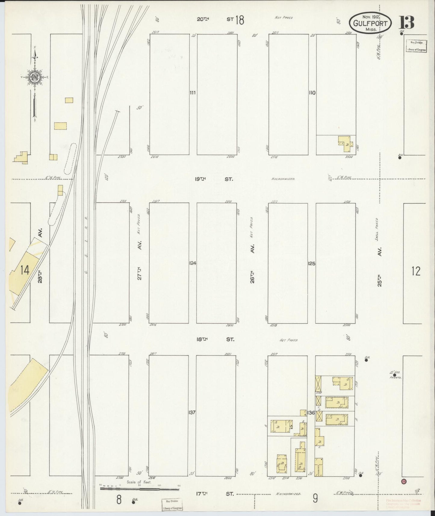 Sanborn Fire Insurance Map from Gulfport, Harrison County, Mississippi (1912), Sheet #0013 - Complete Map Set gallery image, historic Sanborn map, vintage wall art, Mississippi Mississippi
