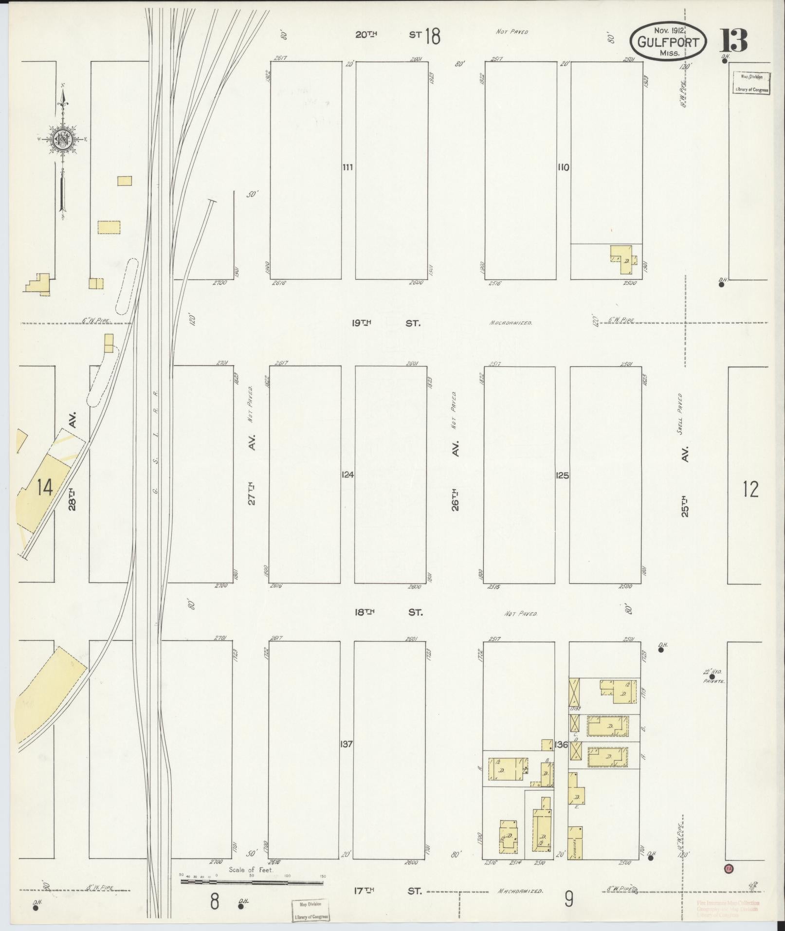 Sanborn Fire Insurance Map from Gulfport, Harrison County, Mississippi (1912), Sheet #0013 - Complete Map Set gallery image, historic Sanborn map, vintage wall art, Mississippi Mississippi