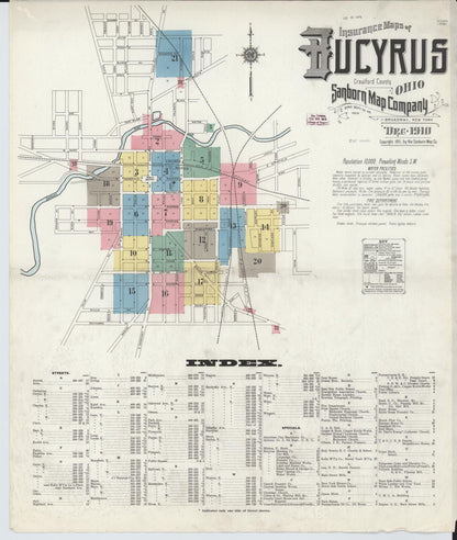 Sanborn Fire Insurance Map from Bucyrus, Crawford County, Ohio (1910), Sheet #0001 - Historic Sanborn Fire Insurance Map Print, vintage old map wall art, antique decor, genealogy gift, Ohio Ohio map
