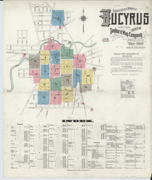 Sanborn Fire Insurance Map from Bucyrus, Crawford County, Ohio (1910), Sheet #0001 - Historic Sanborn Fire Insurance Map Print, vintage old map wall art, antique decor, genealogy gift, Ohio Ohio map
