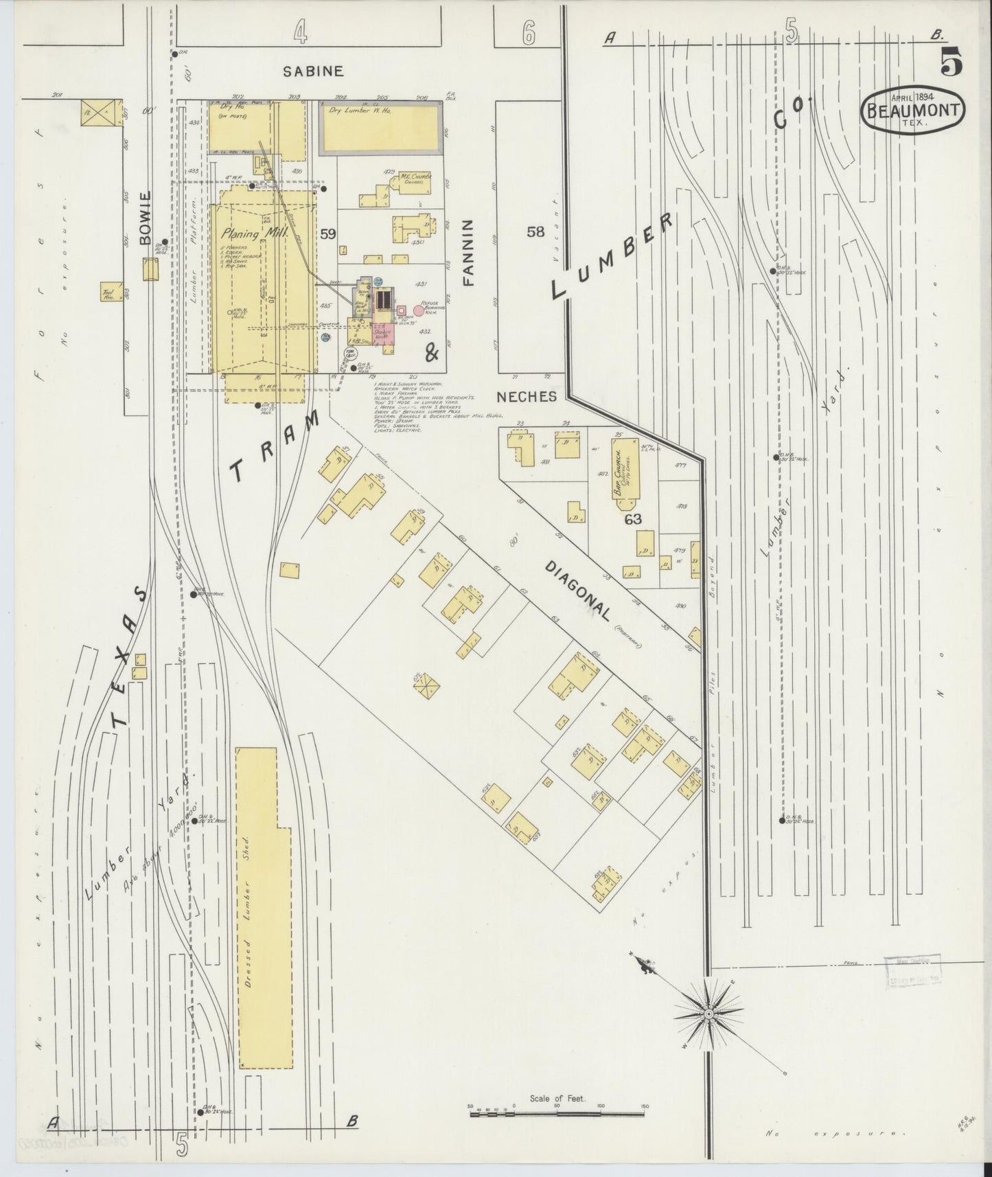 Sanborn Fire Insurance Map from Beaumont, Jefferson County, Texas (1894), Sheet #0005 - Complete Map Set gallery image, historic Sanborn map, vintage wall art, Texas Texas