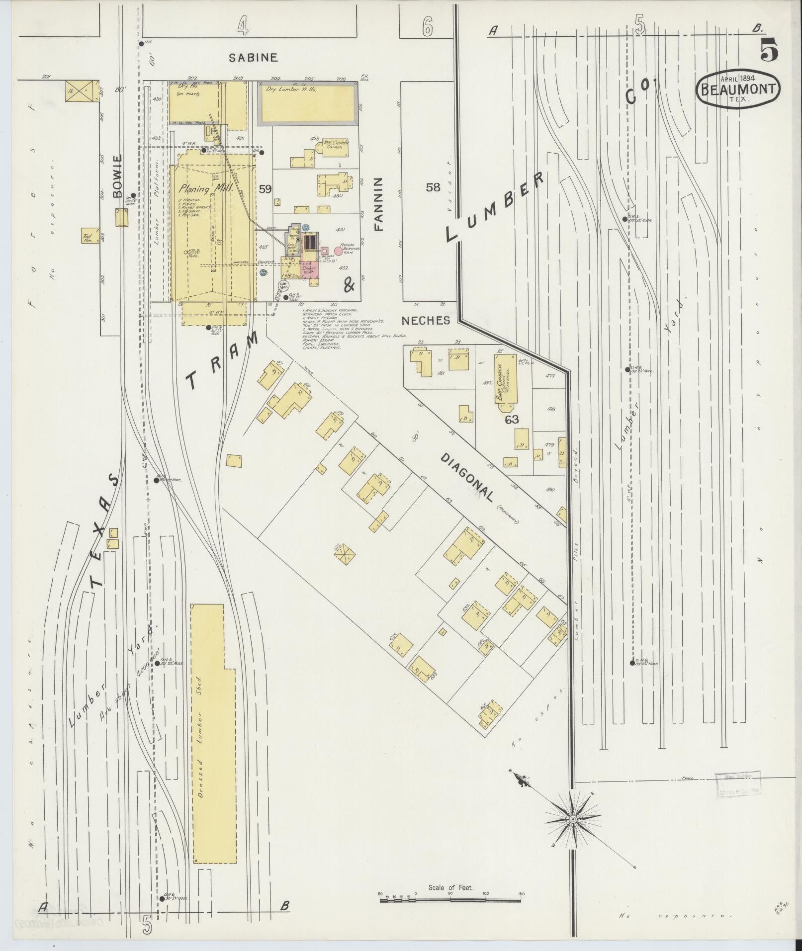 Sanborn Fire Insurance Map from Beaumont, Jefferson County, Texas (1894), Sheet #0005 - Complete Map Set gallery image, historic Sanborn map, vintage wall art, Texas Texas