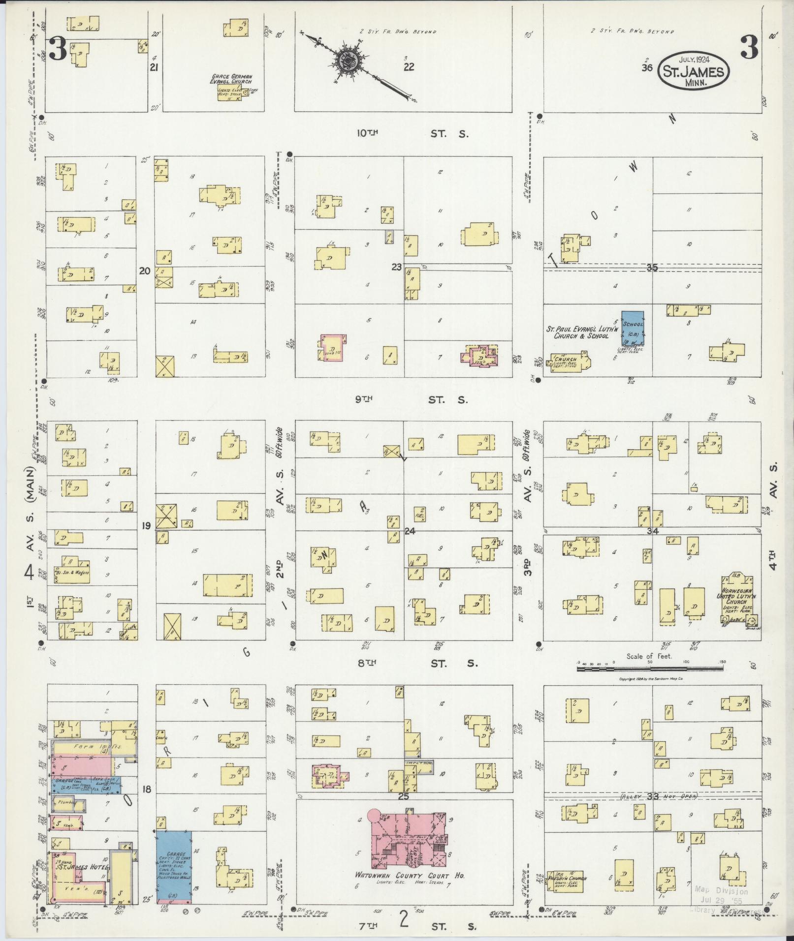 Sanborn Fire Insurance Map from Saint James, Watonwan County, Minnesota (1924), Sheet #0003 - Historic Sanborn Fire Insurance Map Print, vintage old map wall art, antique decor, genealogy gift, Minnesota Minnesota map