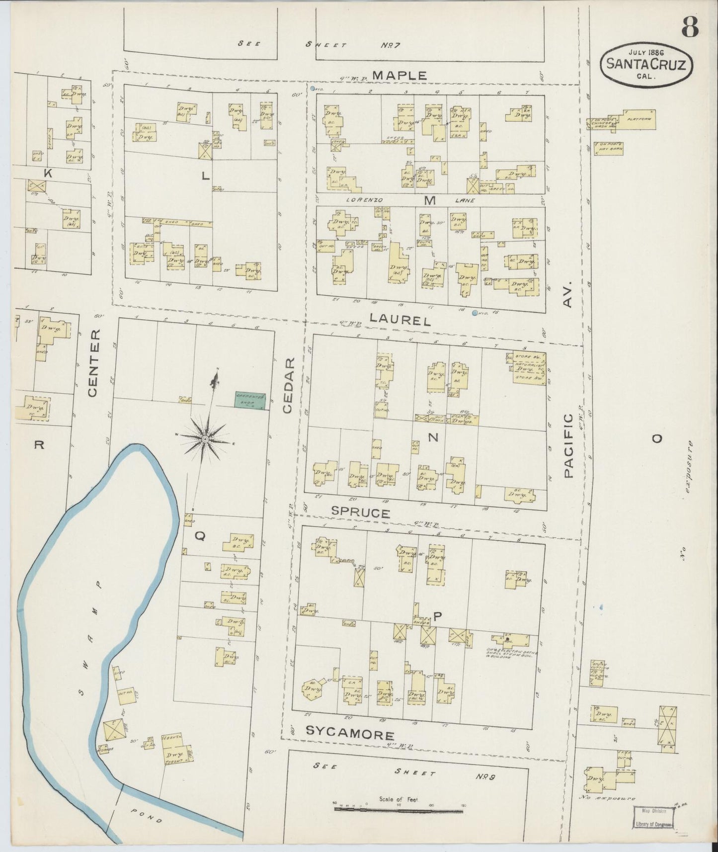 Sanborn Fire Insurance Map from Santa Cruz, Santa Cruz County, California (1886), Sheet #0008 - Complete Map Set gallery image, historic Sanborn map, vintage wall art, California California