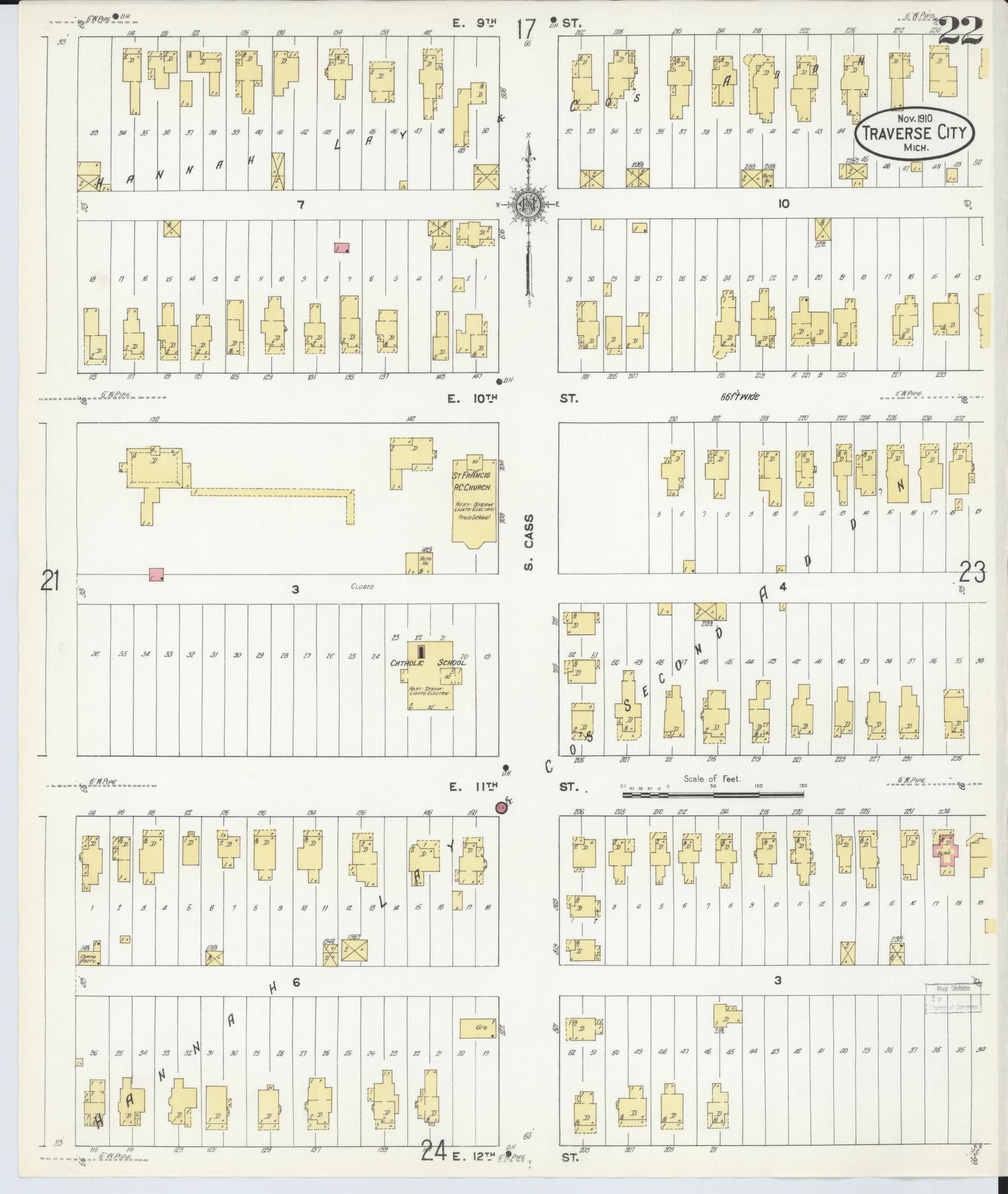 Sanborn Fire Insurance Map from Traverse City, Grand Traverse County, Michigan (1910), Sheet #0022 - Historic Sanborn Fire Insurance Map Print, vintage old map wall art, antique decor, genealogy gift, Michigan Michigan map