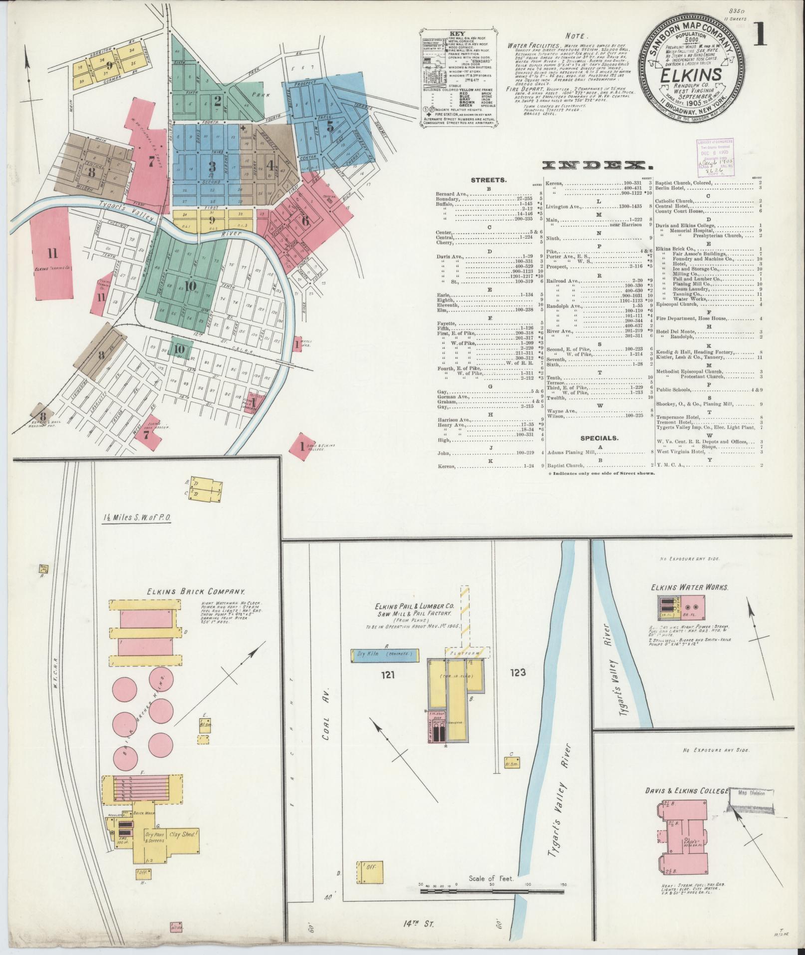 Sanborn Fire Insurance Map from Elkins, Randolph County, West Virginia (1905), Sheet #0001 - Historic Sanborn Fire Insurance Map Print, vintage old map wall art, antique decor, genealogy gift, West Virginia West Virginia map