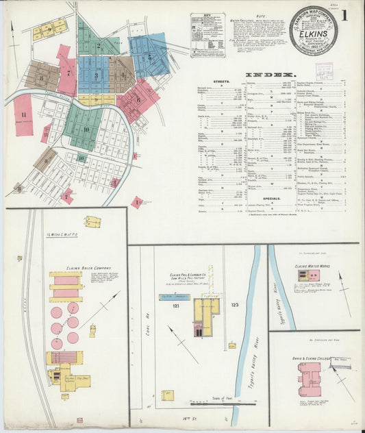 Sanborn Fire Insurance Map from Elkins, Randolph County, West Virginia (1905), Sheet #0001 - Historic Sanborn Fire Insurance Map Print, vintage old map wall art, antique decor, genealogy gift, West Virginia West Virginia map
