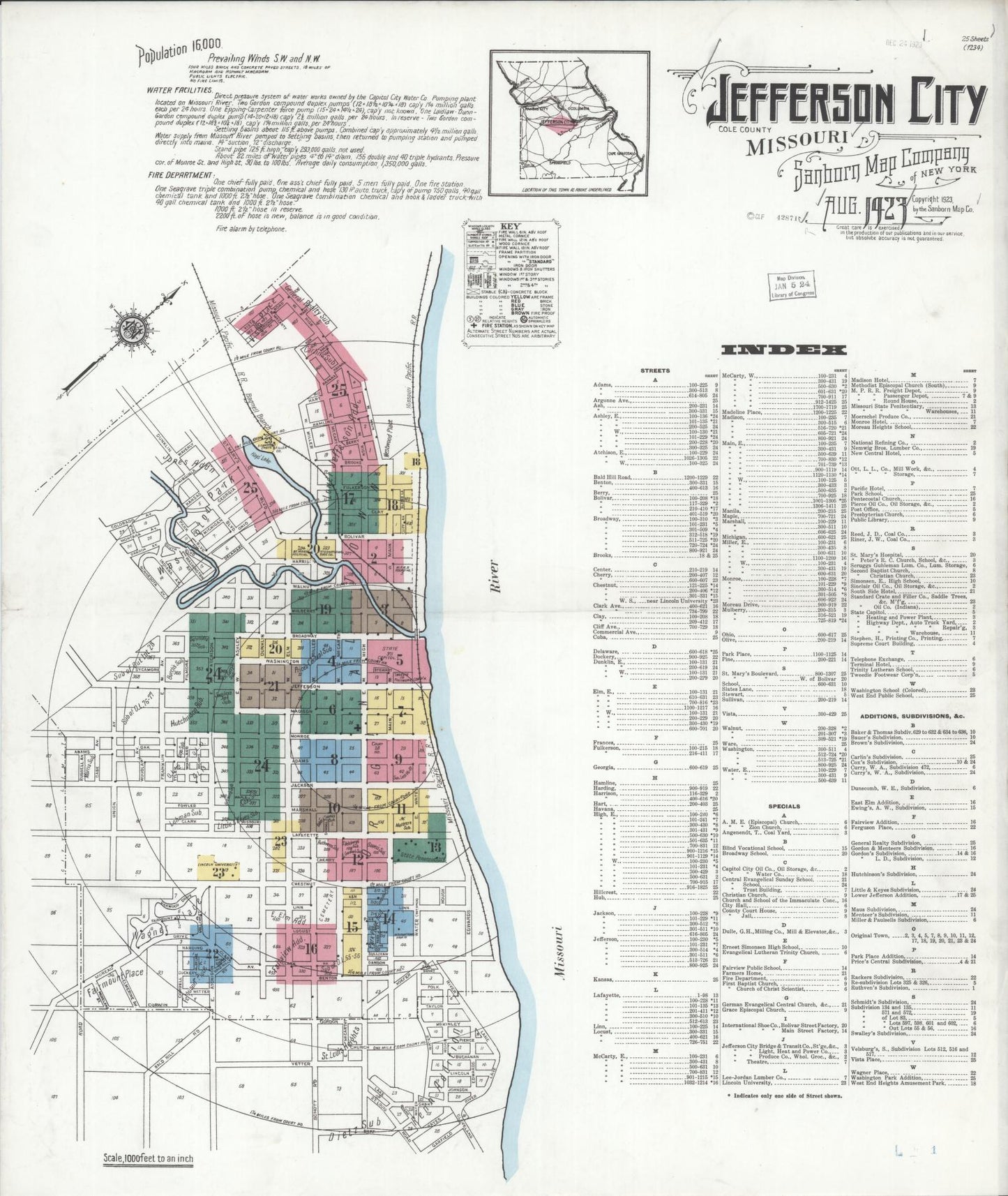 Sanborn Fire Insurance Map from Jefferson City, Cole County, Missouri (1923), Sheet #0001 - Complete Map Set gallery image, historic Sanborn map, vintage wall art, Missouri Missouri