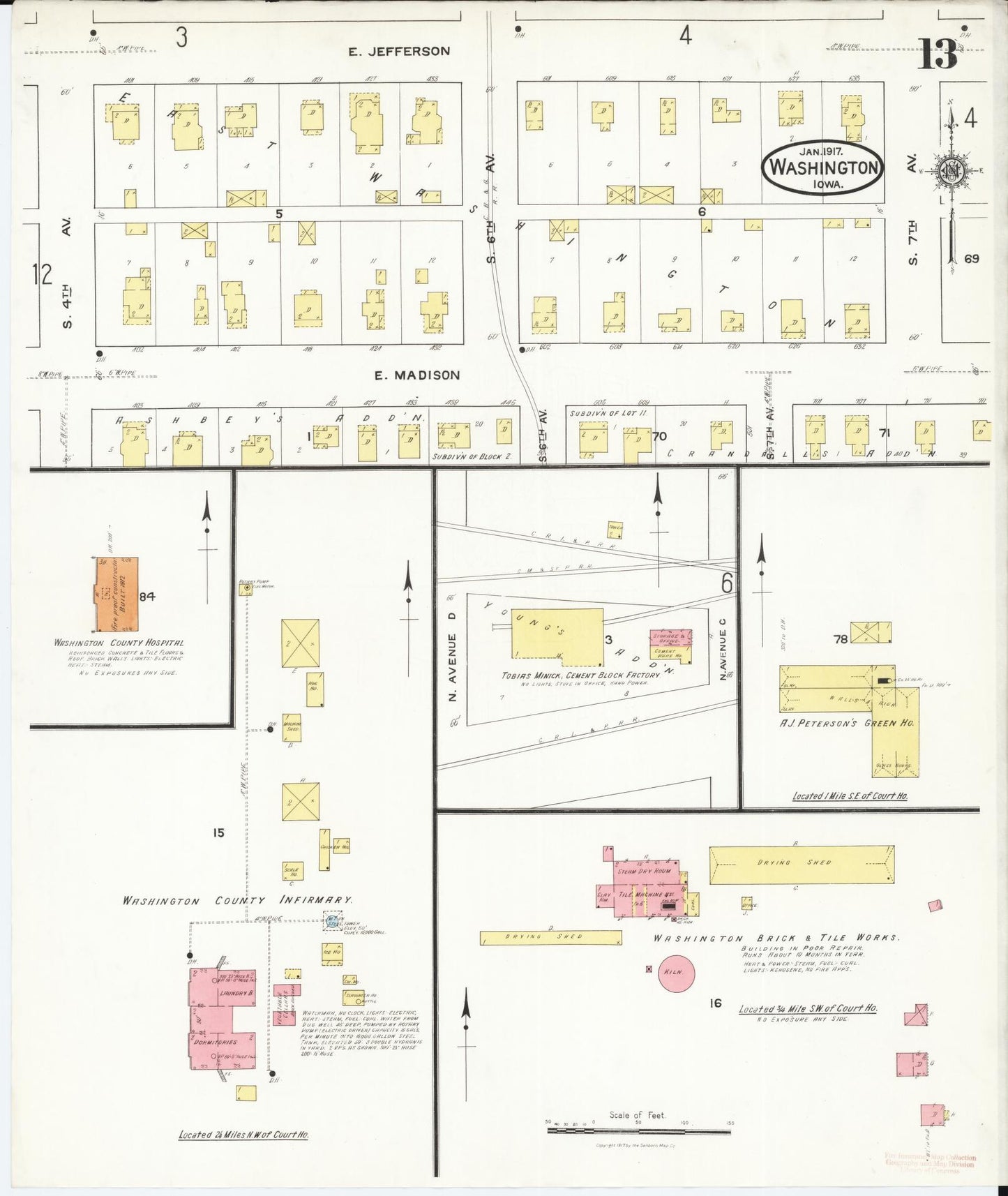 Sanborn Fire Insurance Map from Washington, Washington County, Iowa (1917), Sheet #0013 - Historic Sanborn Fire Insurance Map Print, vintage old map wall art