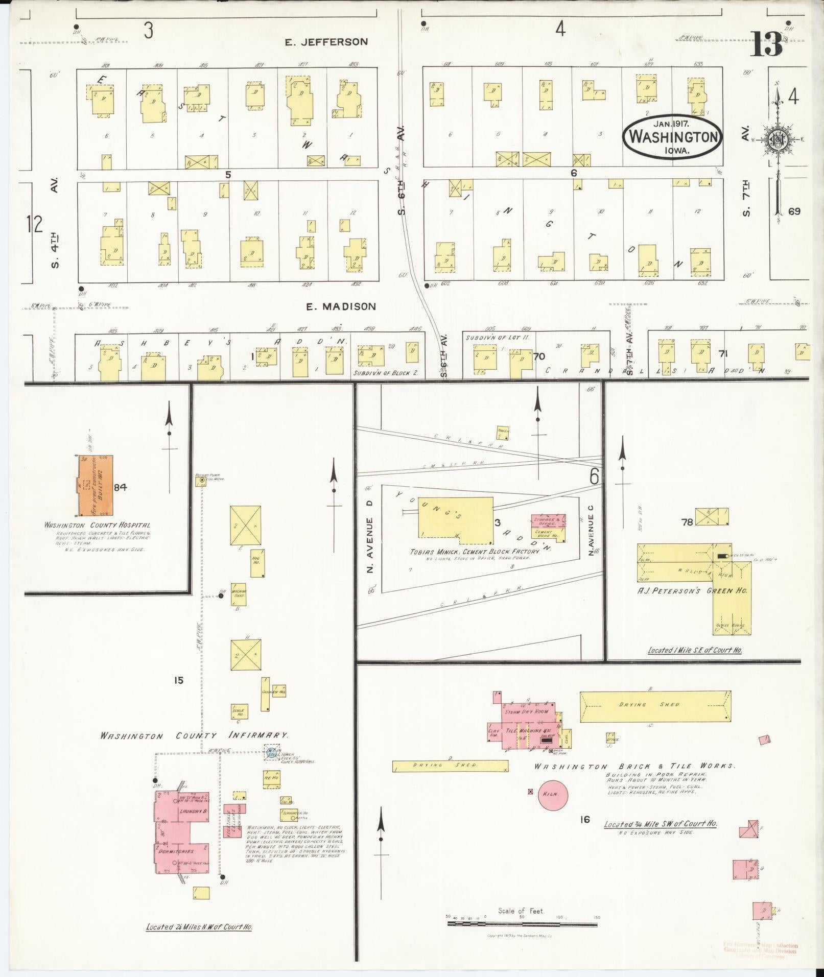 Sanborn Fire Insurance Map from Washington, Washington County, Iowa (1917), Sheet #0013 - Historic Sanborn Fire Insurance Map Print, vintage old map wall art