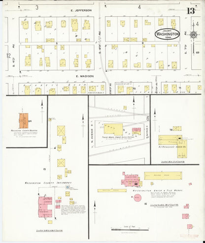 Sanborn Fire Insurance Map from Washington, Washington County, Iowa (1917), Sheet #0013 - Historic Sanborn Fire Insurance Map Print, vintage old map wall art