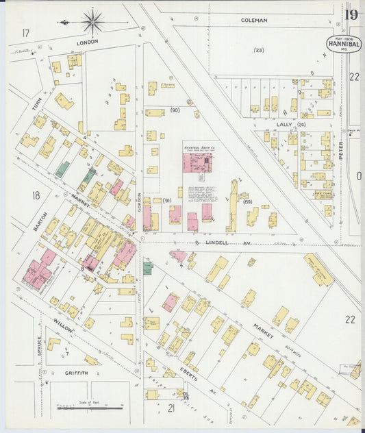 Sanborn Fire Insurance Map from Hannibal, Marion County, Missouri (1906), Sheet #0019 - Historic Sanborn Fire Insurance Map Print, vintage old map wall art, antique decor, genealogy gift, Missouri Missouri map