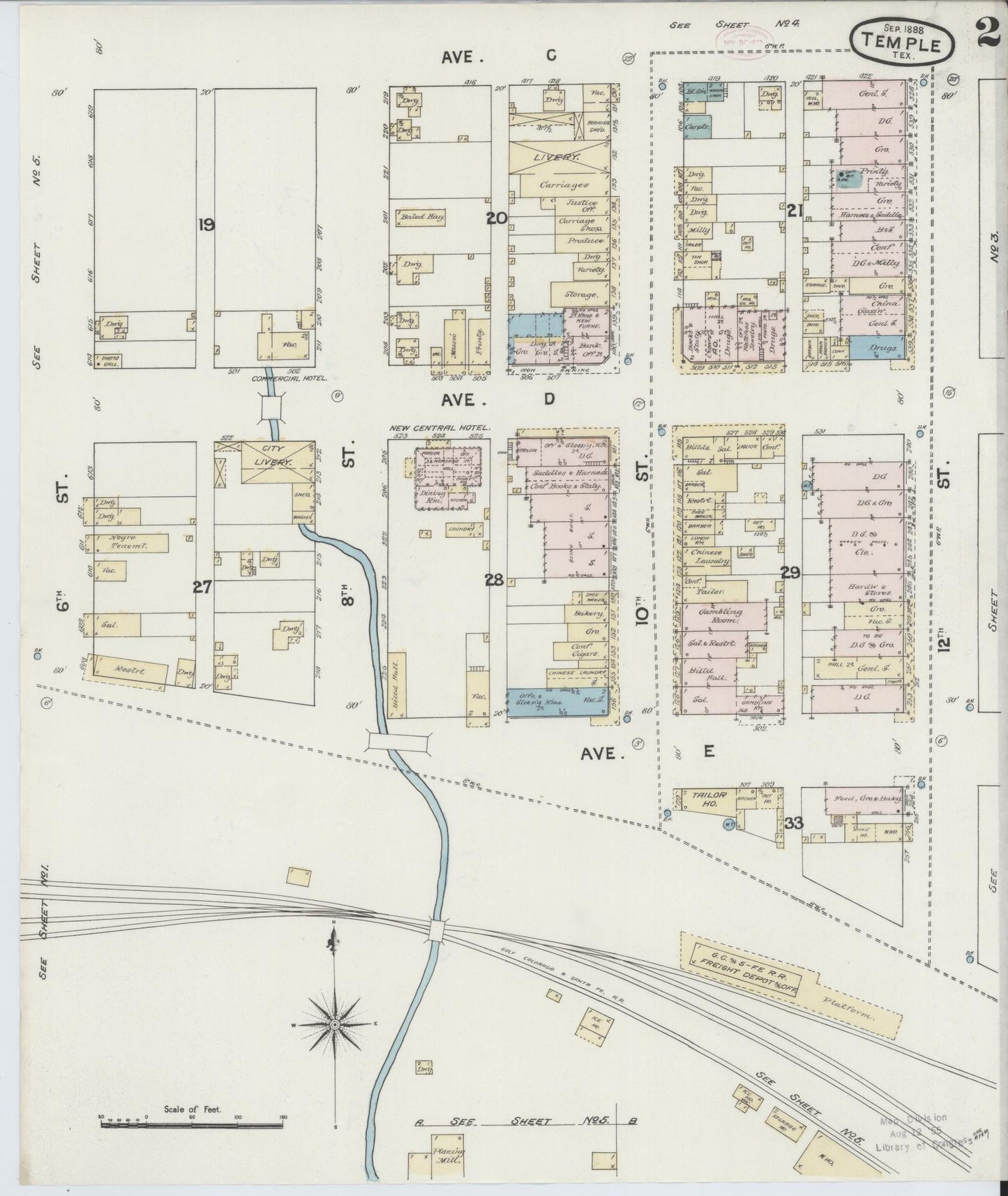 Sanborn Fire Insurance Map from Temple, Bell County, Texas (1888), Sheet #0002 - Complete Map Set gallery image, historic Sanborn map, vintage wall art, Texas Texas
