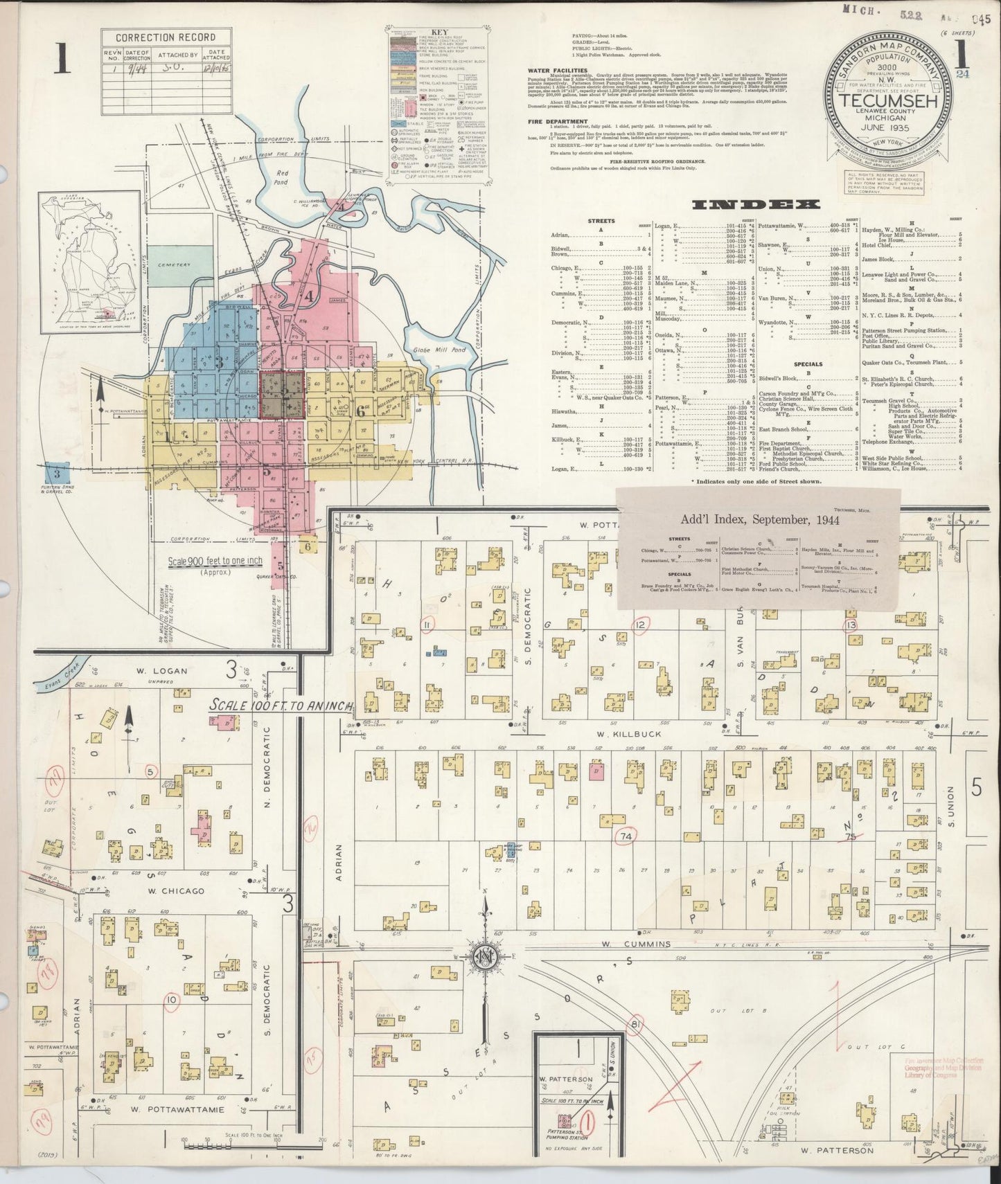 Sanborn Fire Insurance Map from Tecumseh, Lenawee County, Michigan (1944), Sheet #0001 - Historic Sanborn Fire Insurance Map Print, vintage old map wall art, antique decor, genealogy gift, Michigan Michigan map