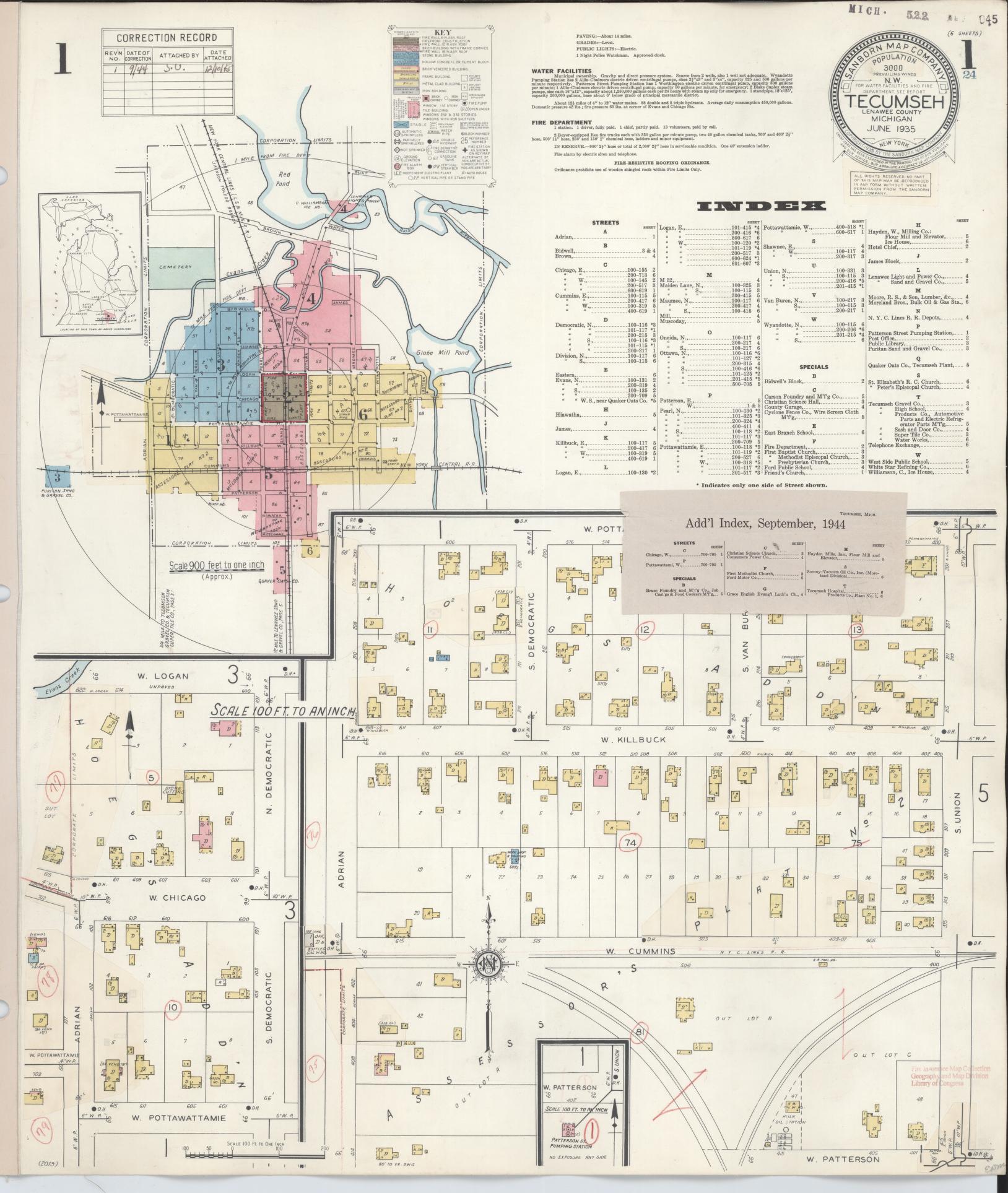 Sanborn Fire Insurance Map from Tecumseh, Lenawee County, Michigan (1944), Sheet #0001 - Historic Sanborn Fire Insurance Map Print, vintage old map wall art, antique decor, genealogy gift, Michigan Michigan map