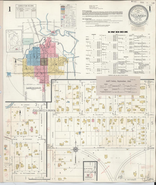 Sanborn Fire Insurance Map from Tecumseh, Lenawee County, Michigan (1944), Sheet #0001 - Historic Sanborn Fire Insurance Map Print, vintage old map wall art, antique decor, genealogy gift, Michigan Michigan map