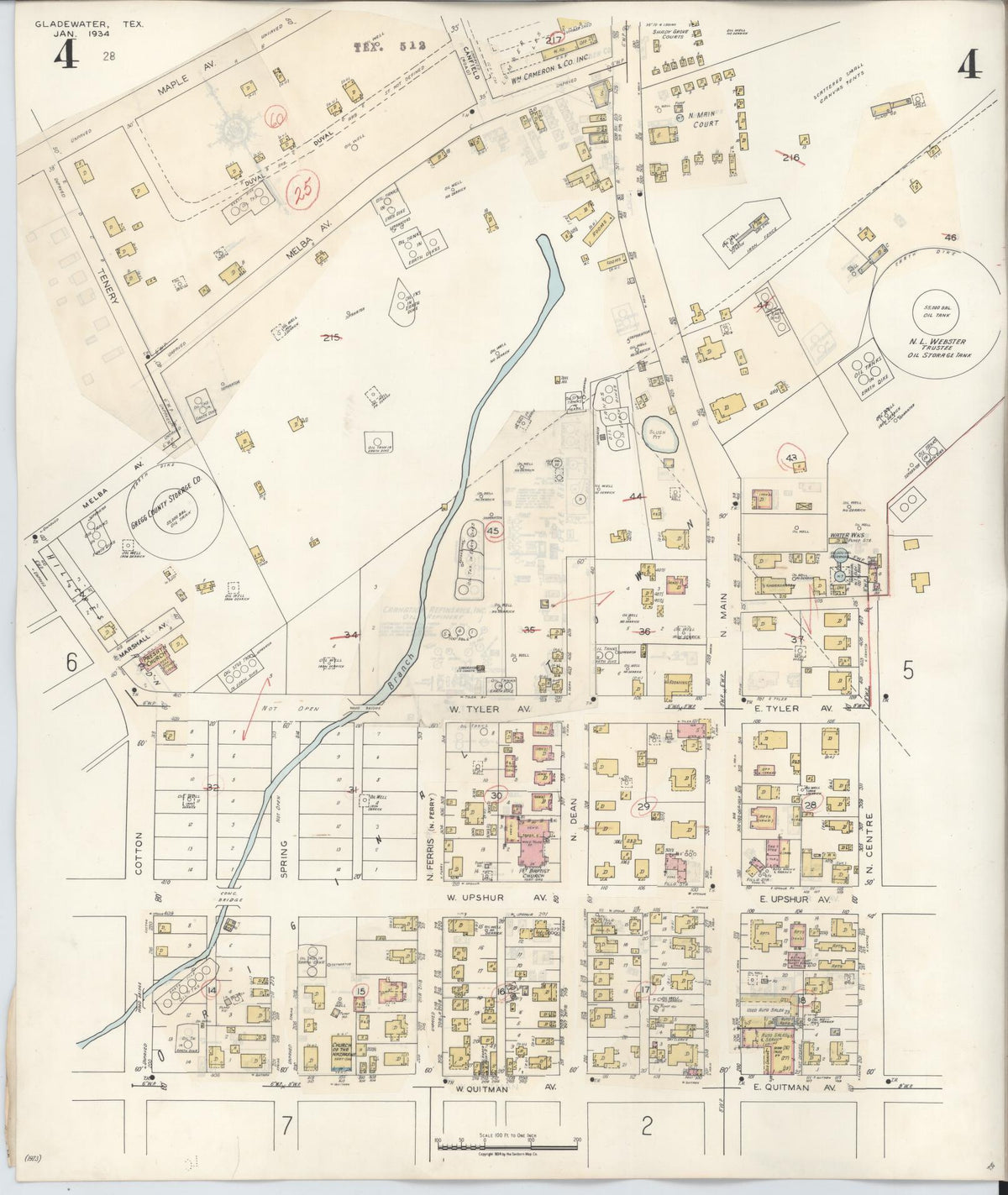 Sanborn Fire Insurance Map from Gladewater, Gregg County, Texas (1938), Sheet #0004 - Historic Sanborn Fire Insurance Map Print, vintage old map wall art, antique decor, genealogy gift, Texas Texas map