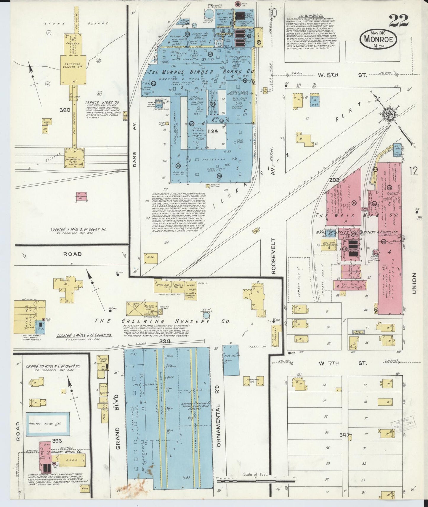 Sanborn Fire Insurance Map from Monroe, Monroe County, Michigan (1916), Sheet #0022 - Historic Sanborn Fire Insurance Map Print, vintage old map wall art, antique decor, genealogy gift, Michigan Michigan map