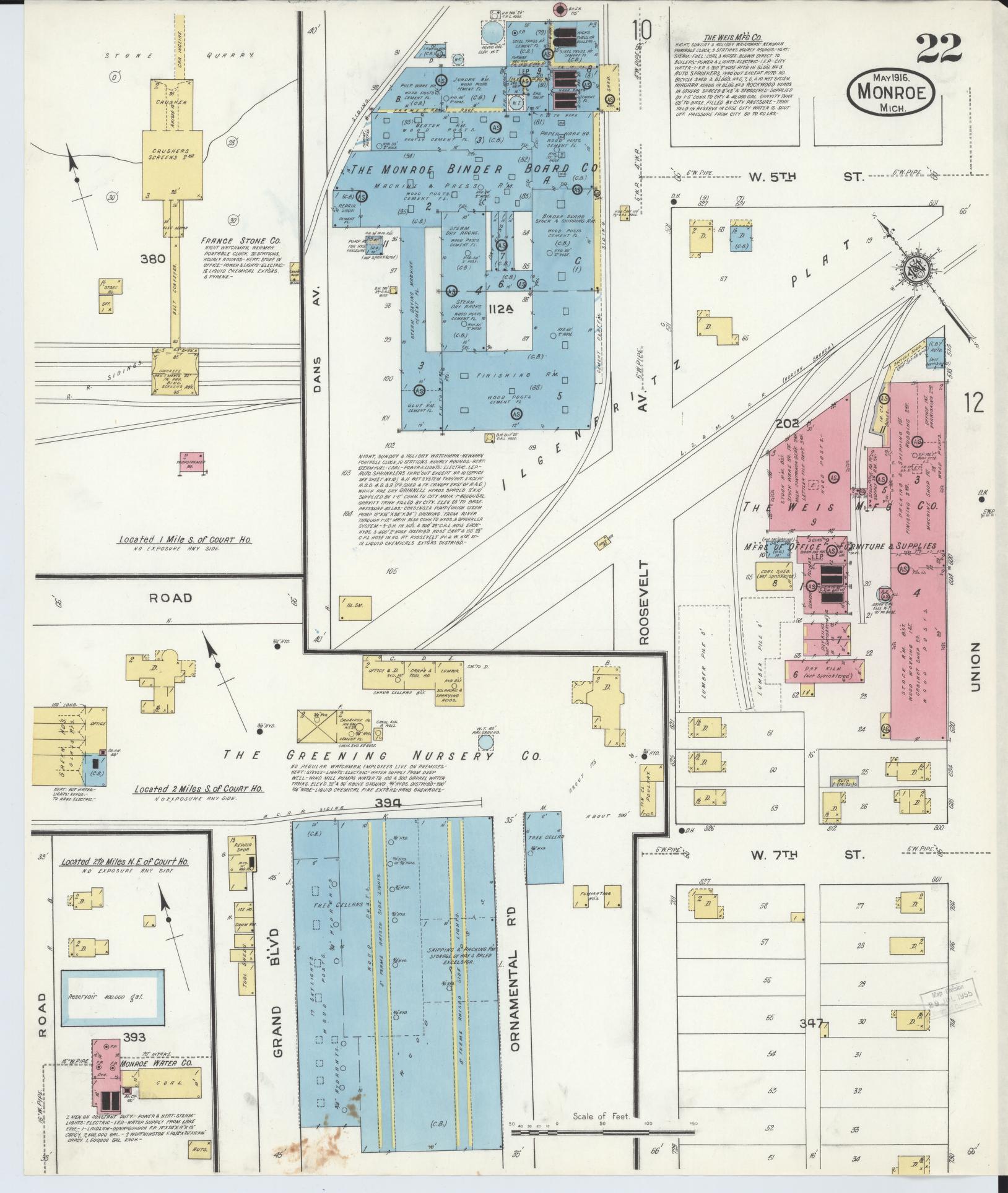 Sanborn Fire Insurance Map from Monroe, Monroe County, Michigan (1916), Sheet #0022 - Historic Sanborn Fire Insurance Map Print, vintage old map wall art, antique decor, genealogy gift, Michigan Michigan map